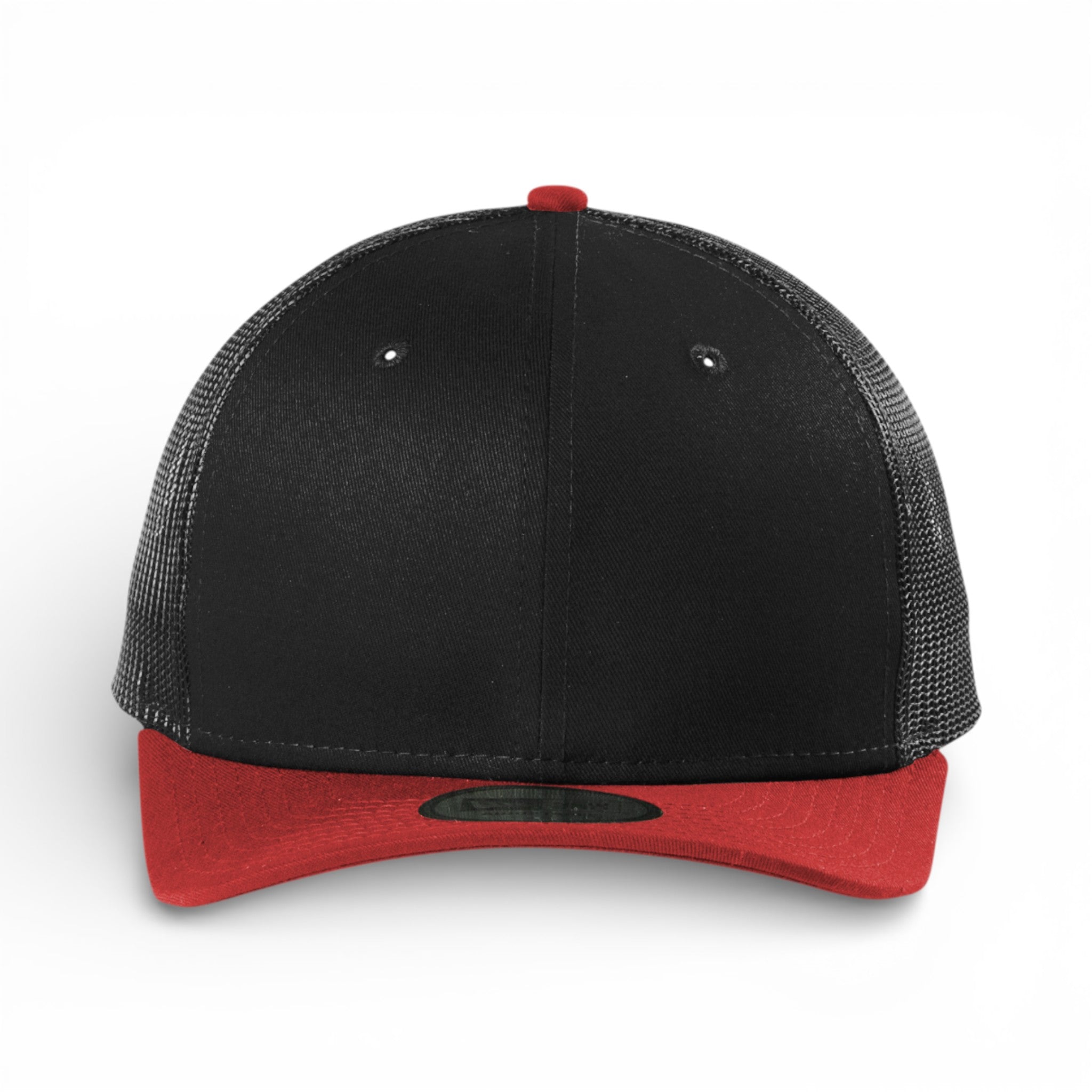 Front view of New Era NE207 custom hat in black and scarlet