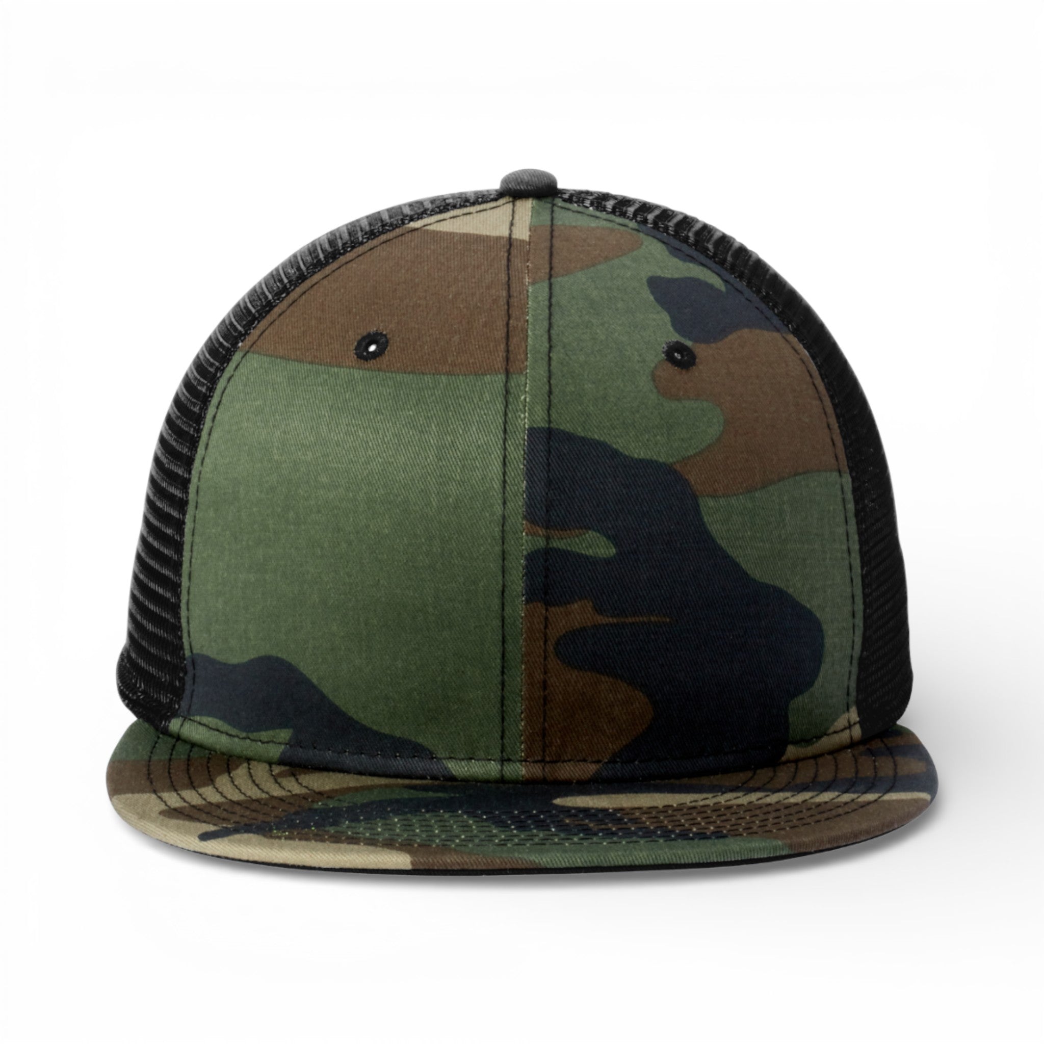 Front view of New Era NE4030 custom hat in camo and black