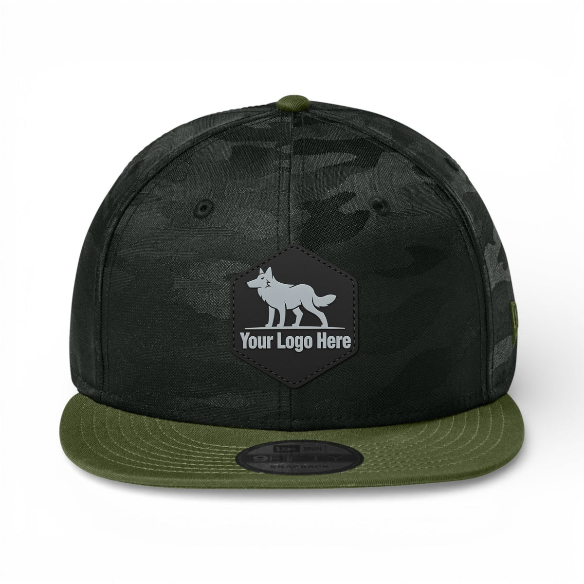 PVC patch preview of New Era NE407 custom hat in flag army and black camo