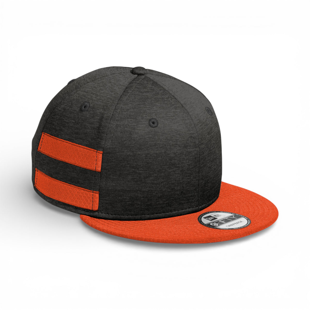 Right side view of New Era NE408 custom hat in black shadow heather and deep orange