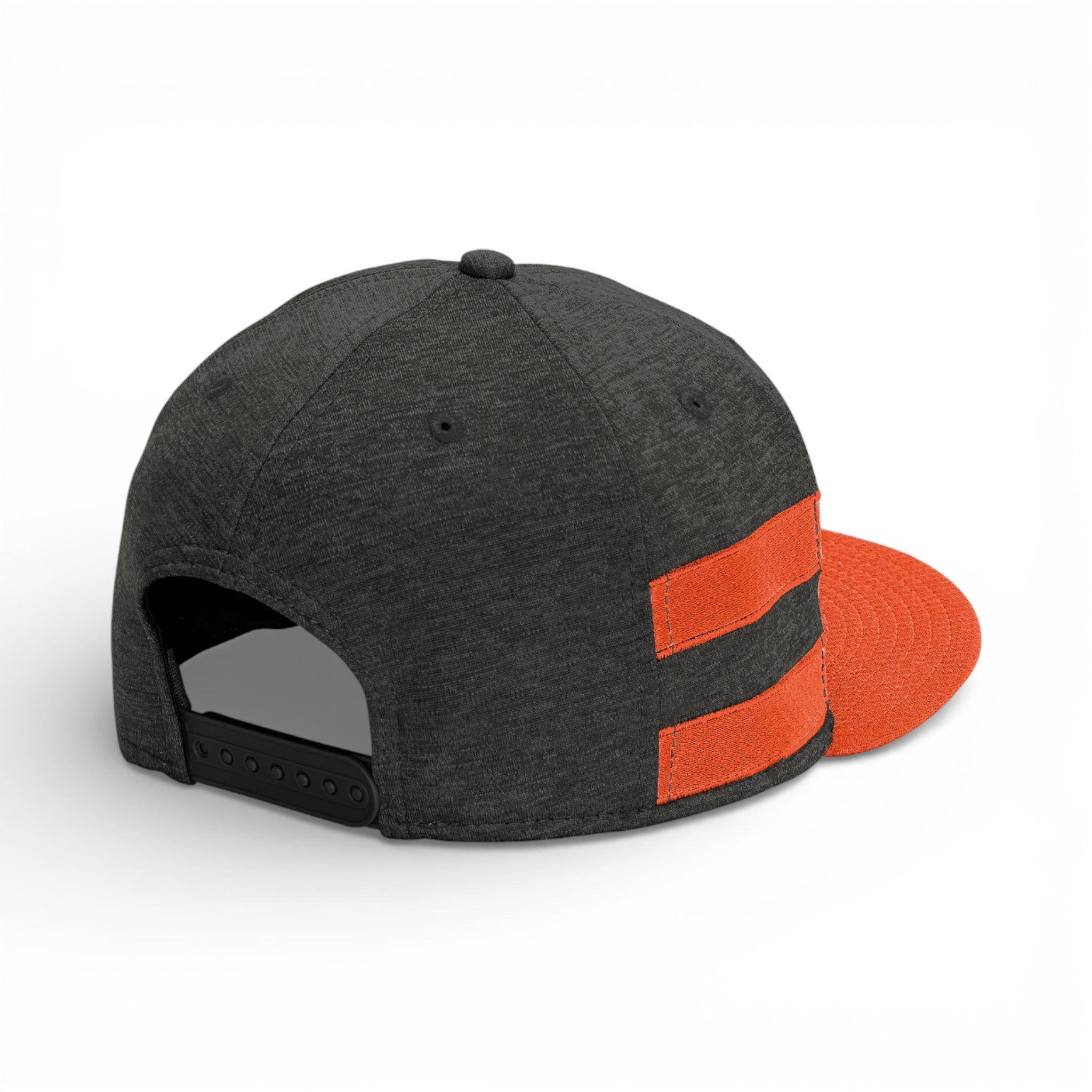 Back view of New Era NE408 custom hat in black shadow heather and deep orange