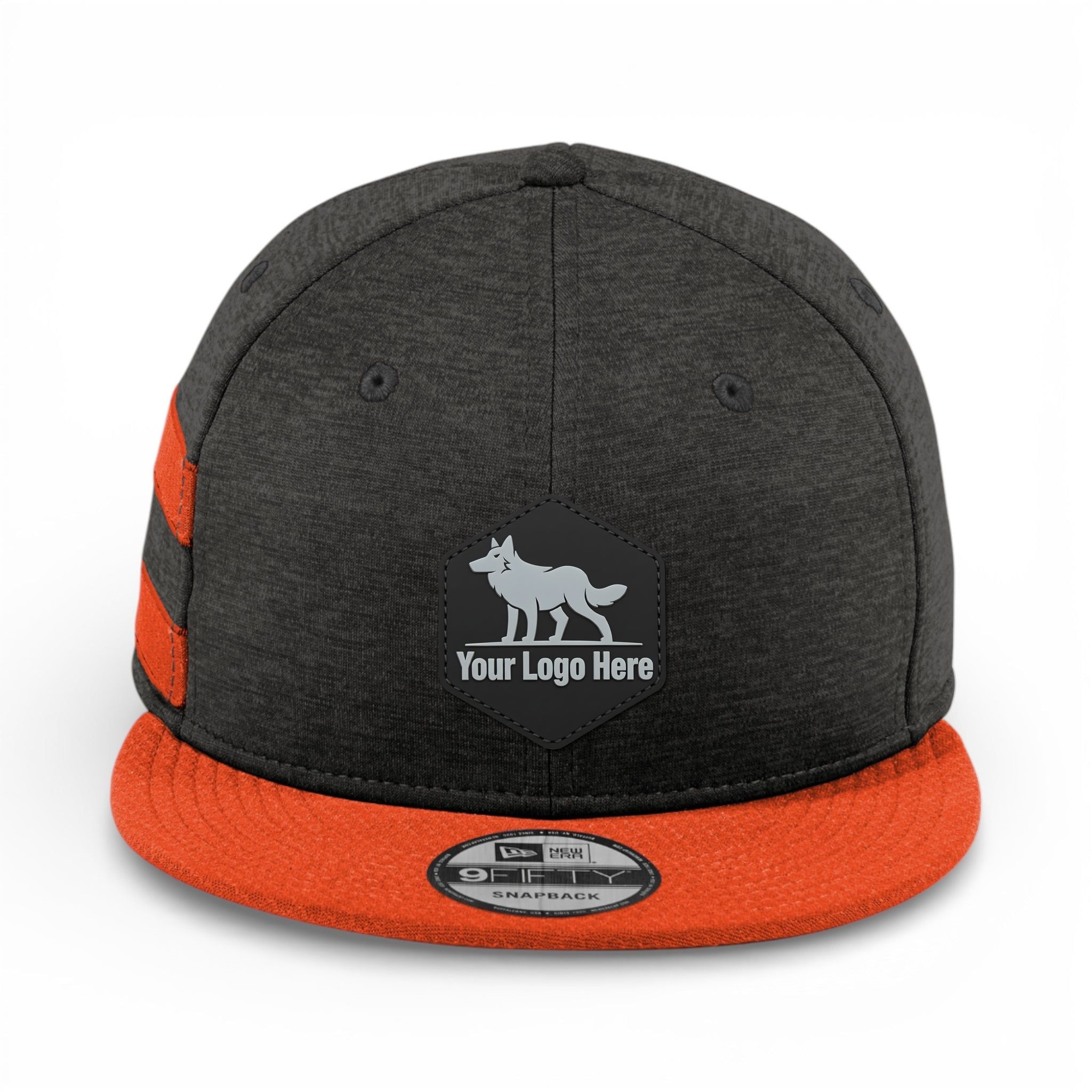 PVC patch preview of New Era NE408 custom hat in black shadow heather and deep orange