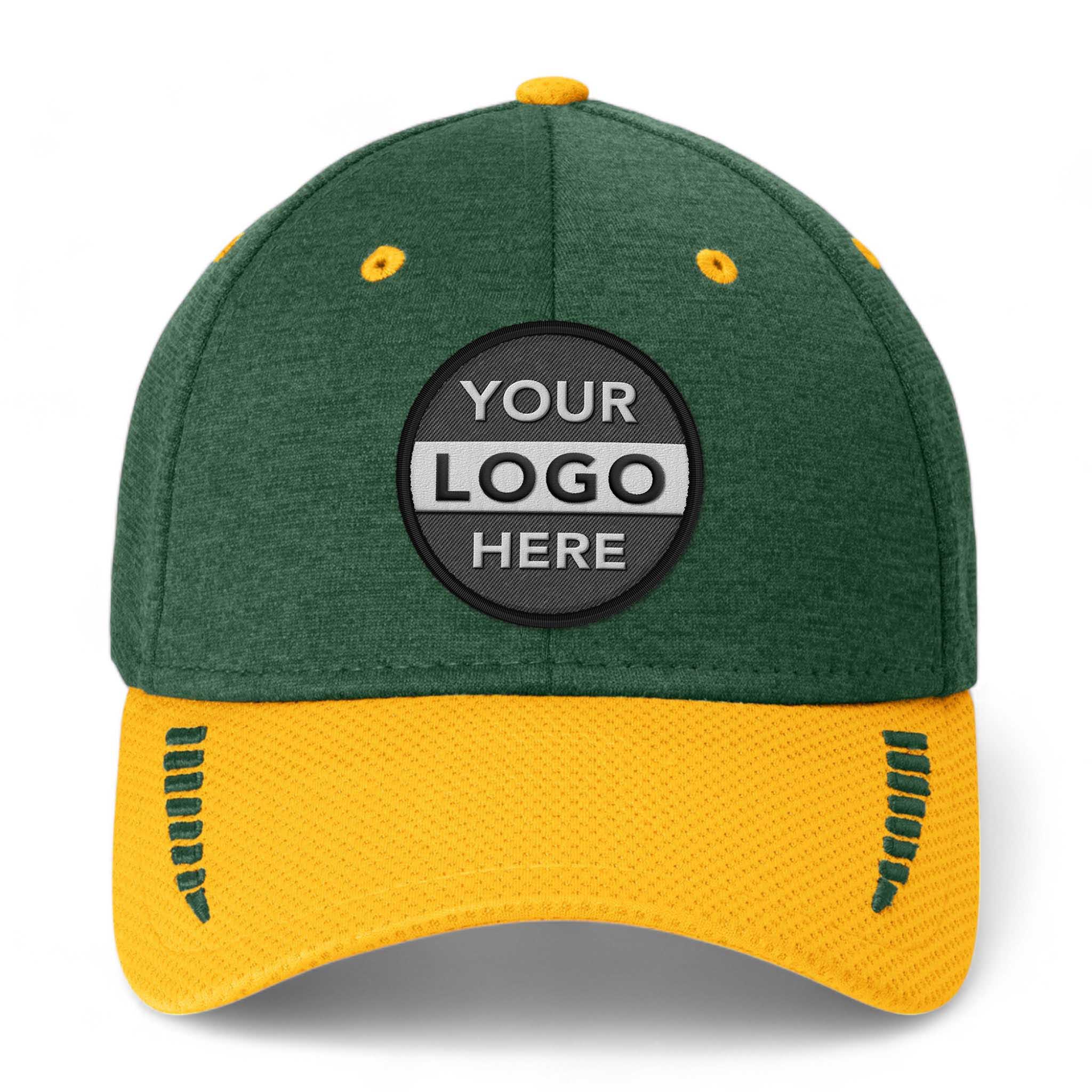 New Era NE704 custom embroidered patch hat in gold and dark green shadow heather