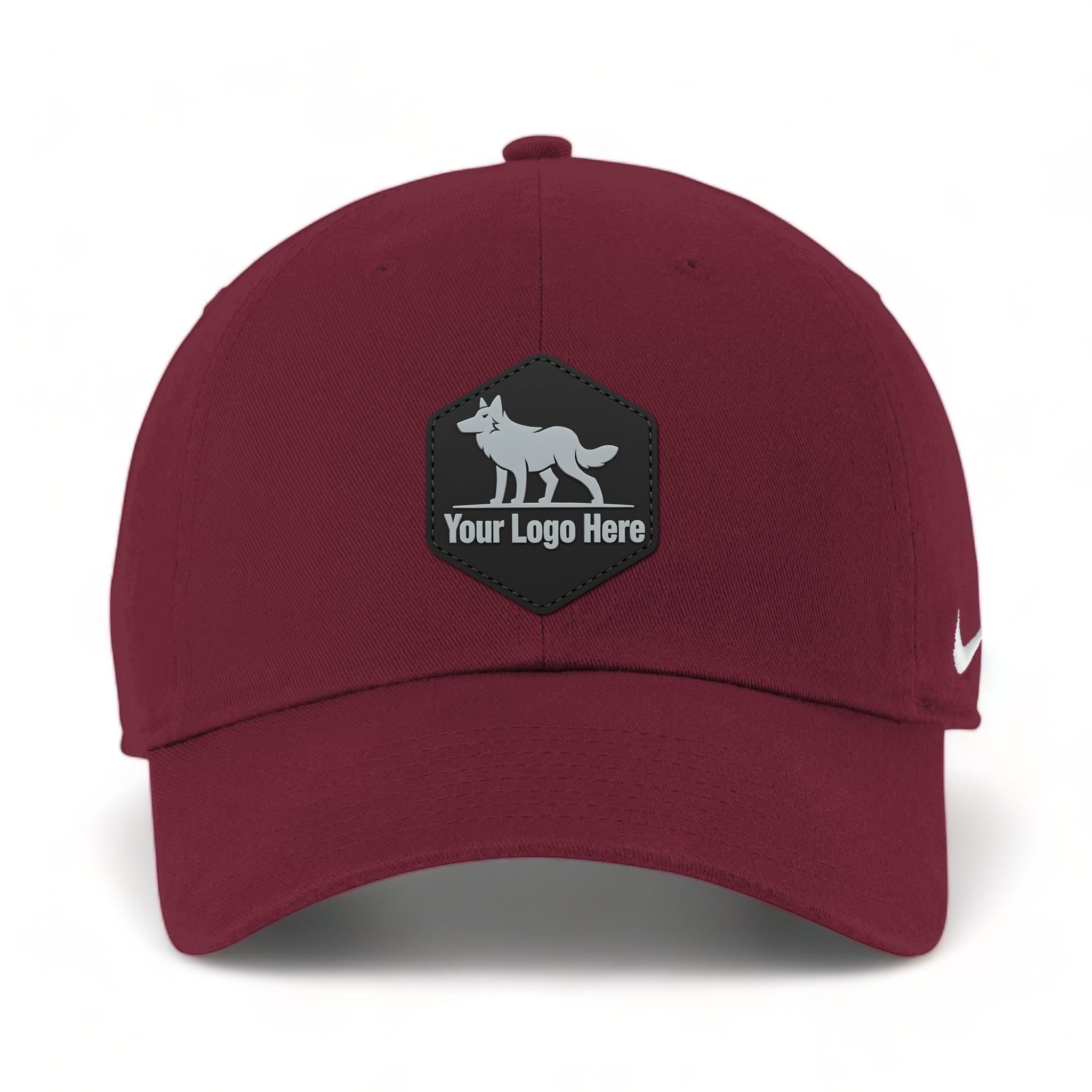 PVC patch preview of Nike NKFB5677 custom hat in deep maroon
