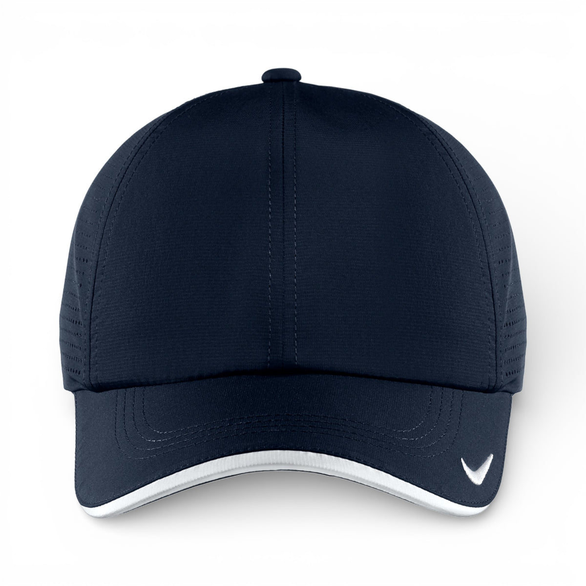 Front view of Nike NKFB6445 custom hat in navy and white