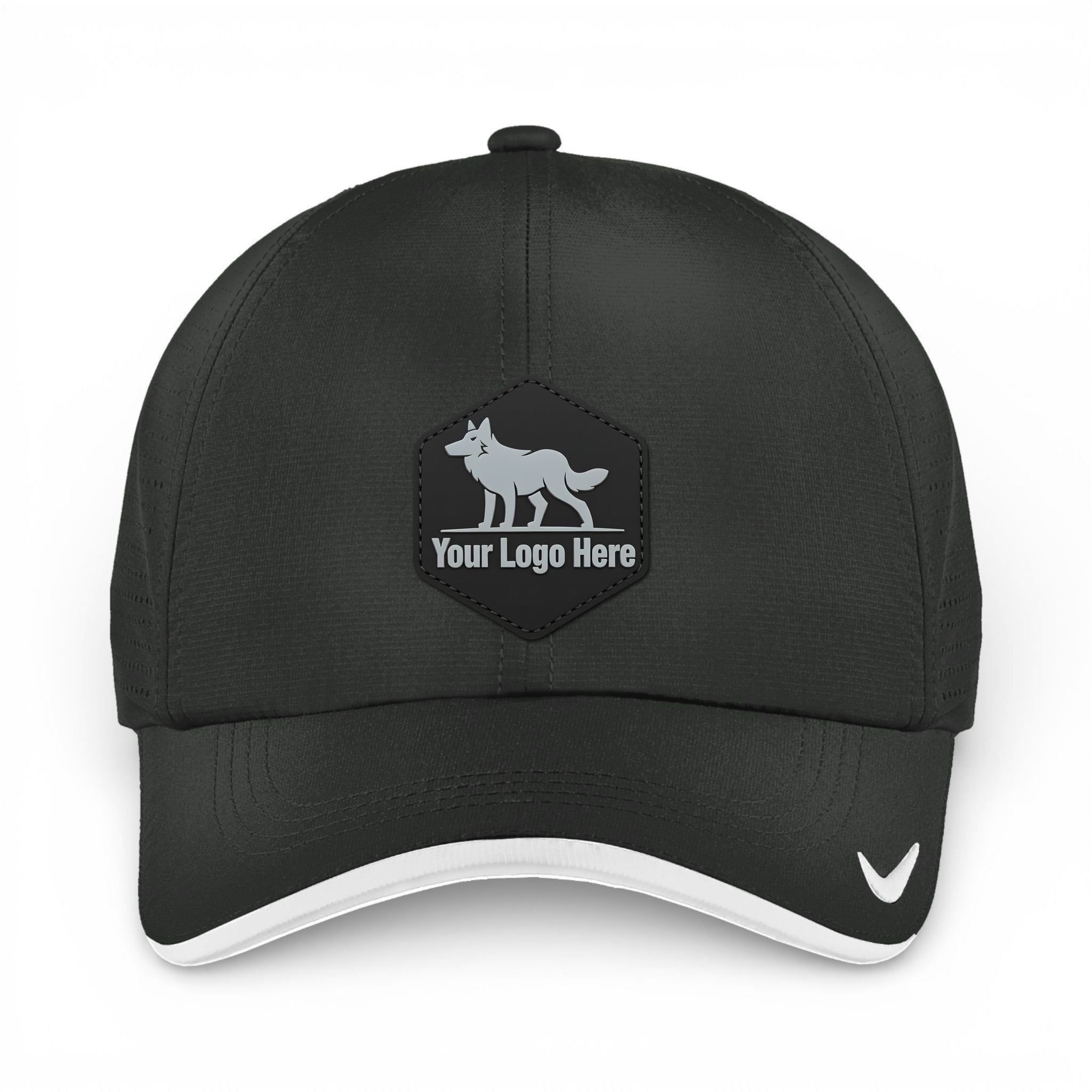 PVC patch preview of Nike NKFB6445 custom hat in anthracite and white
