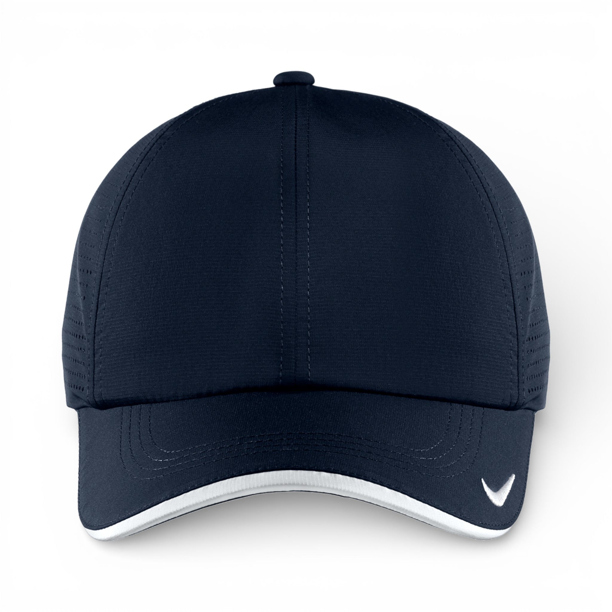 Front view of Nike NKFB6445 custom hat in navy and white