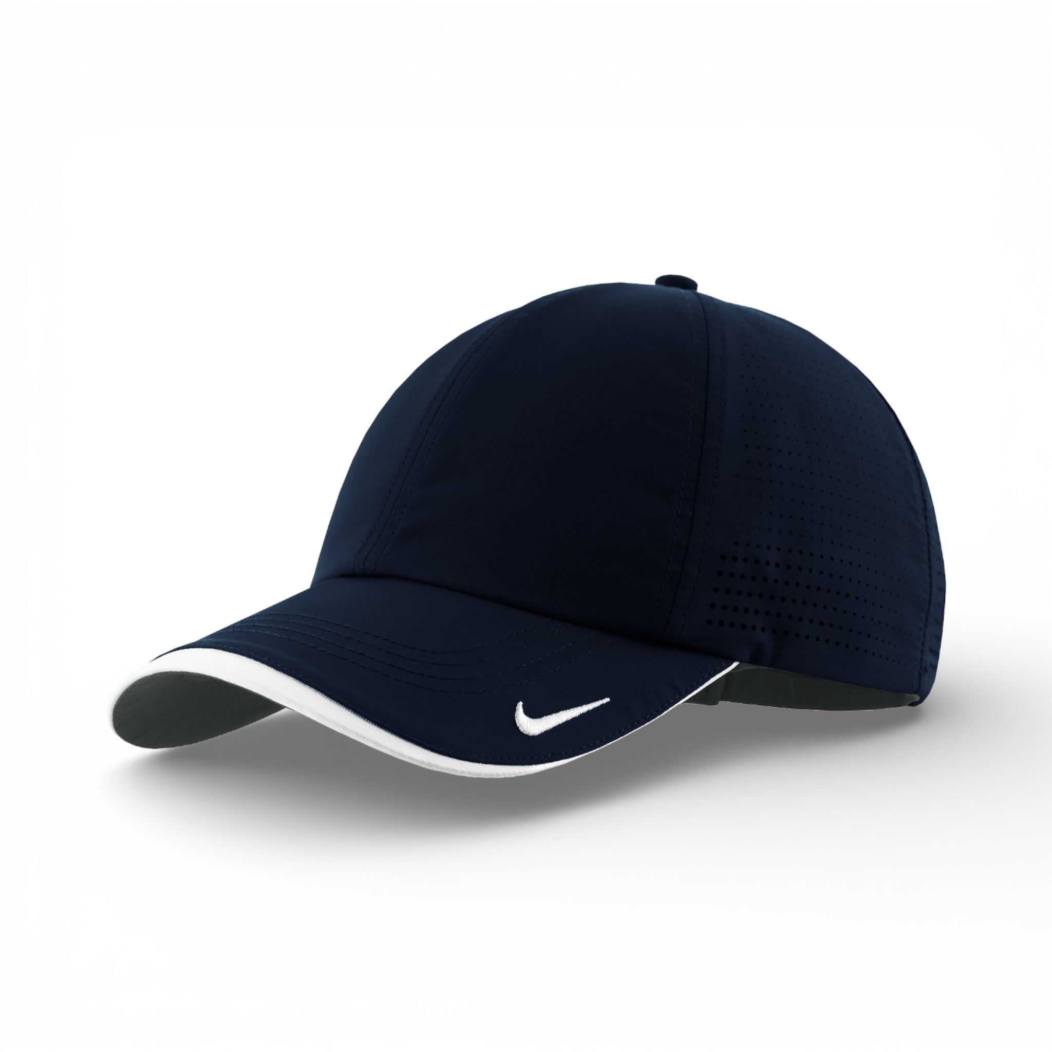 Left side view of Nike NKFB6445 custom hat in navy and white