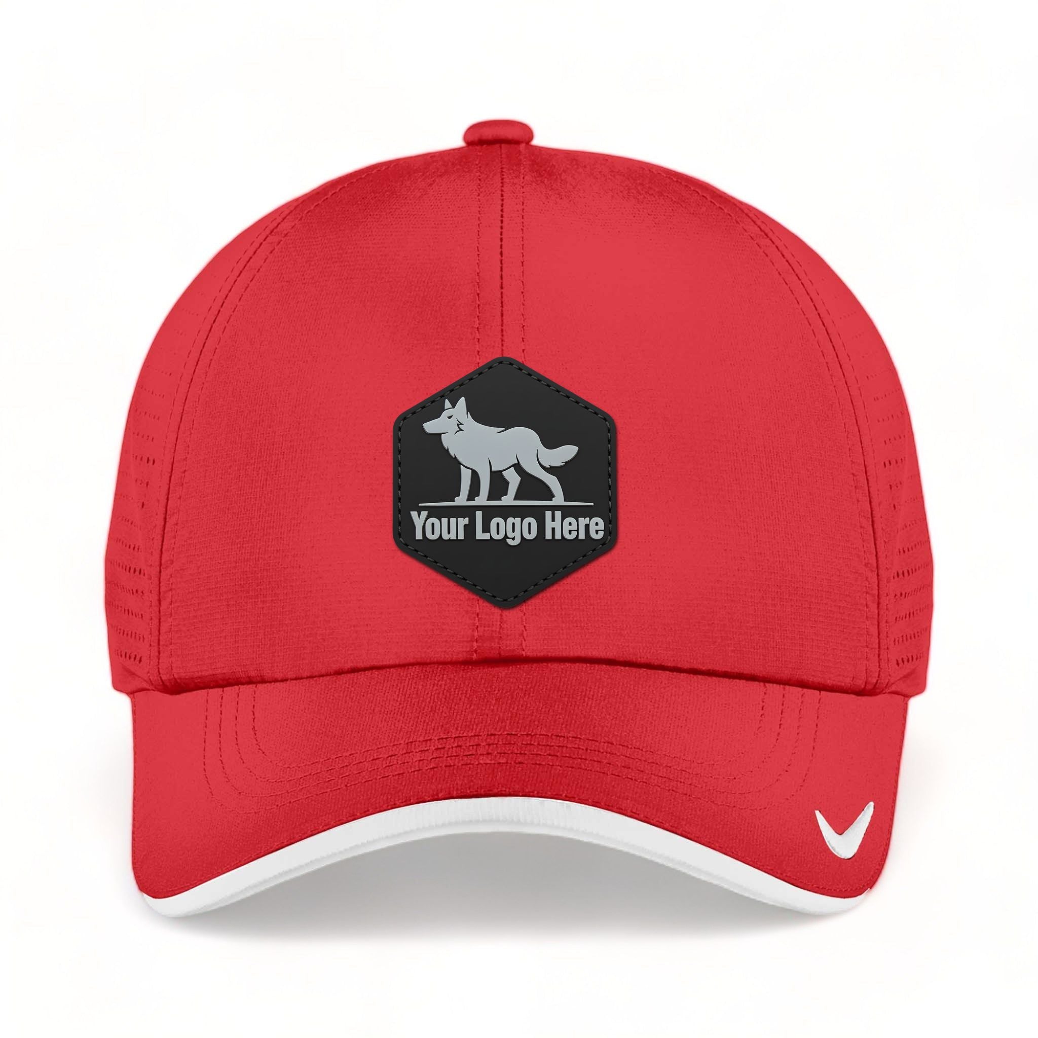 PVC patch preview of Nike NKFB6445 custom hat in university red and white