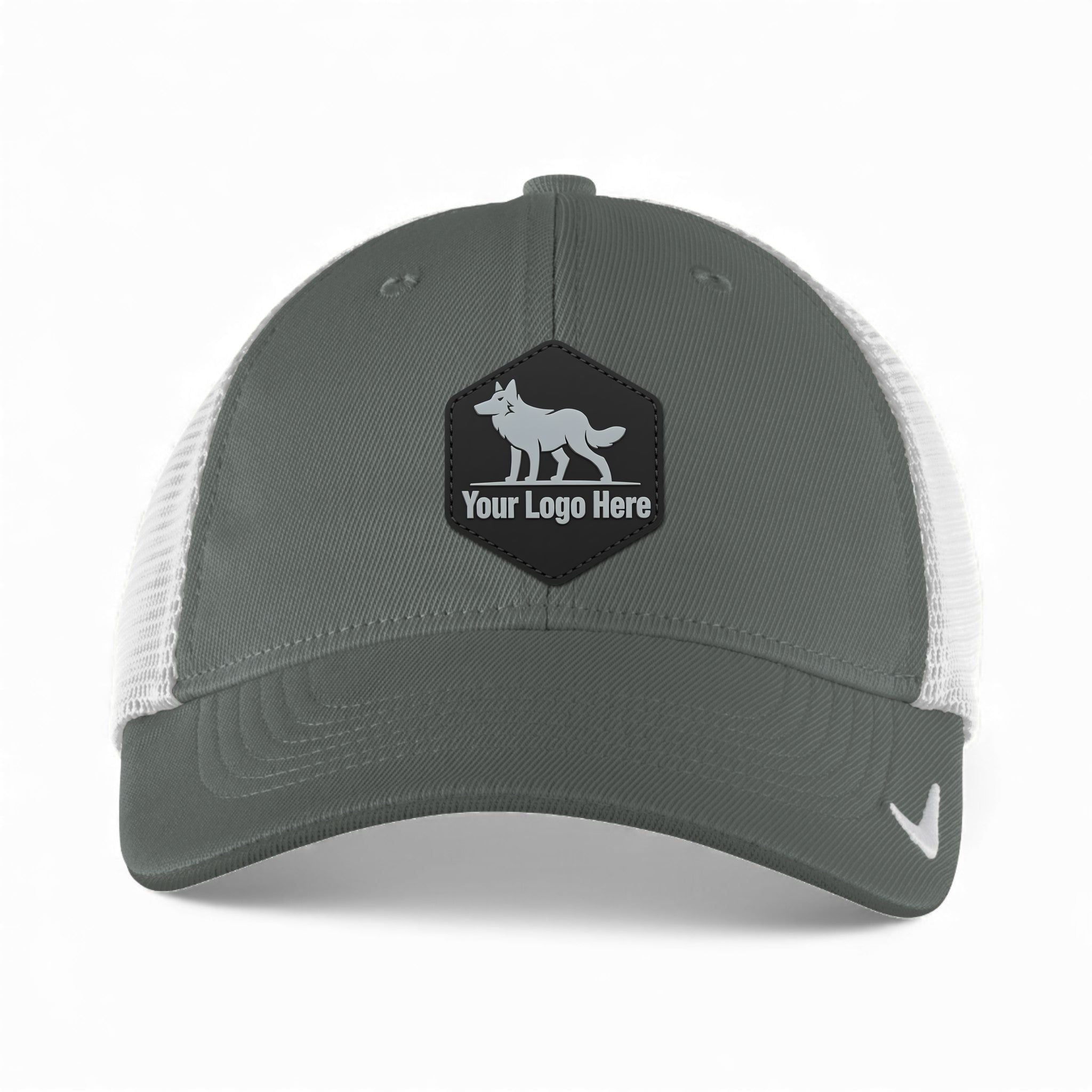 PVC patch preview of Nike NKFB6448 custom hat in anthracite and white