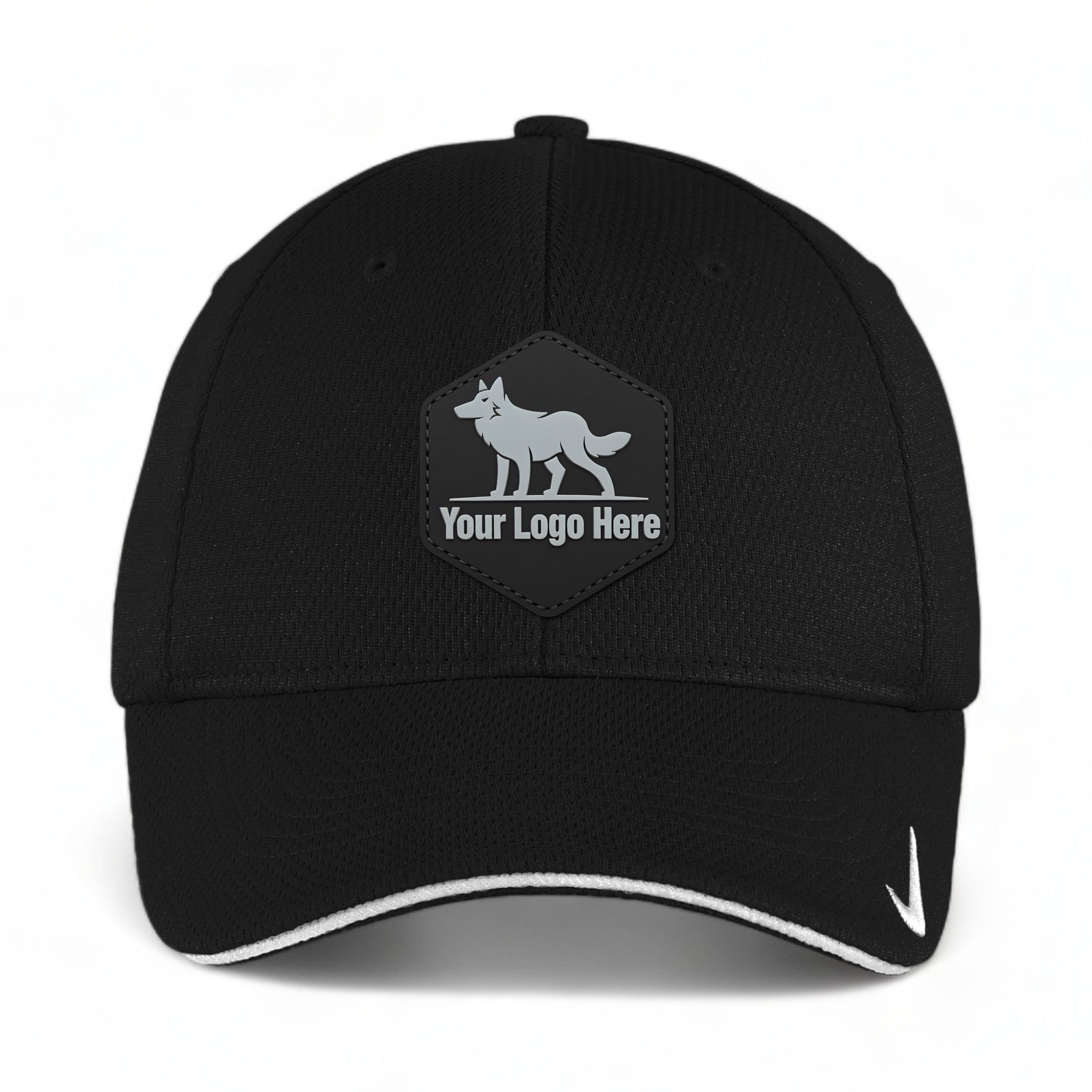 PVC patch preview of Nike NKFD9718 custom hat in black and white