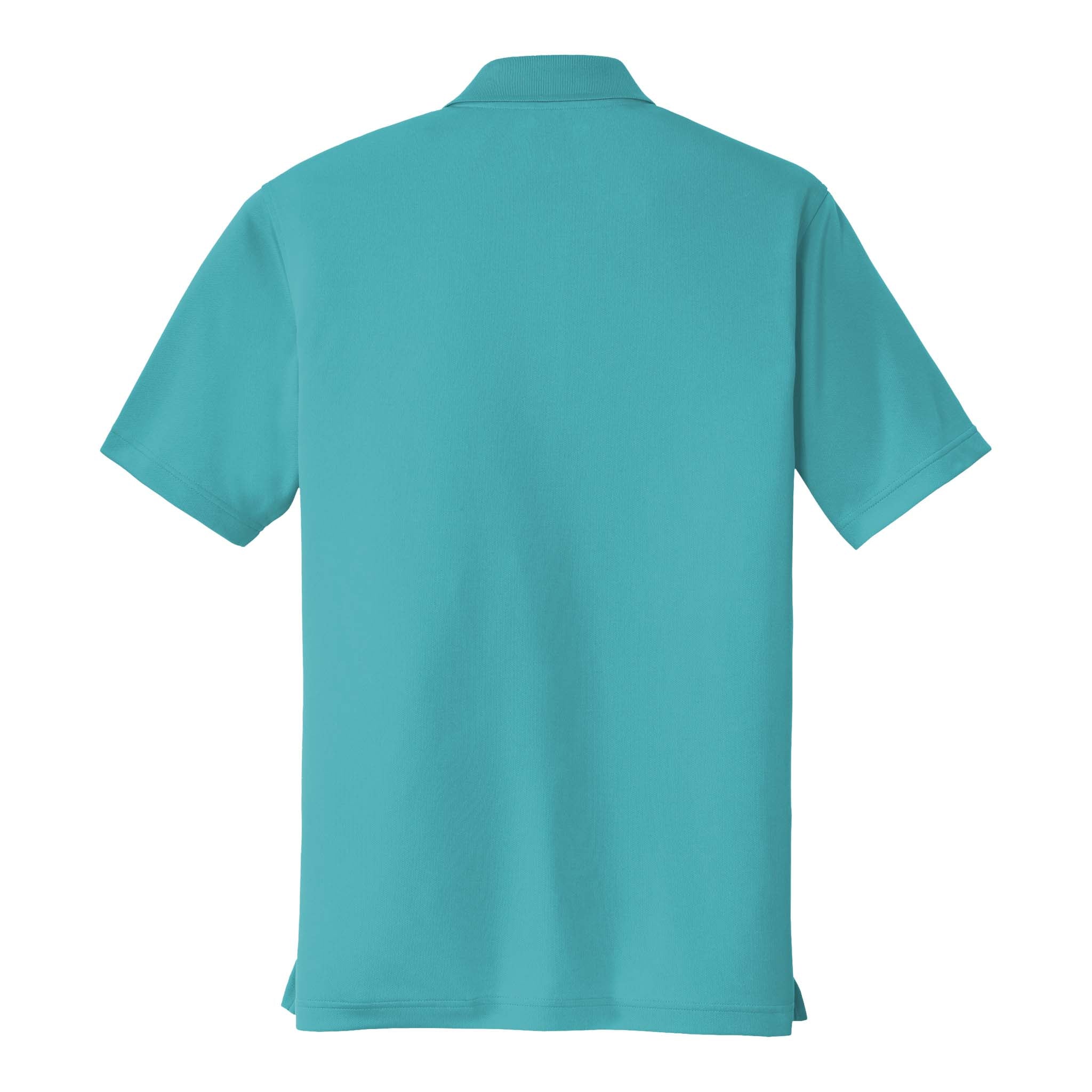 Port Authority K110 custom polo in aquamarine, back view