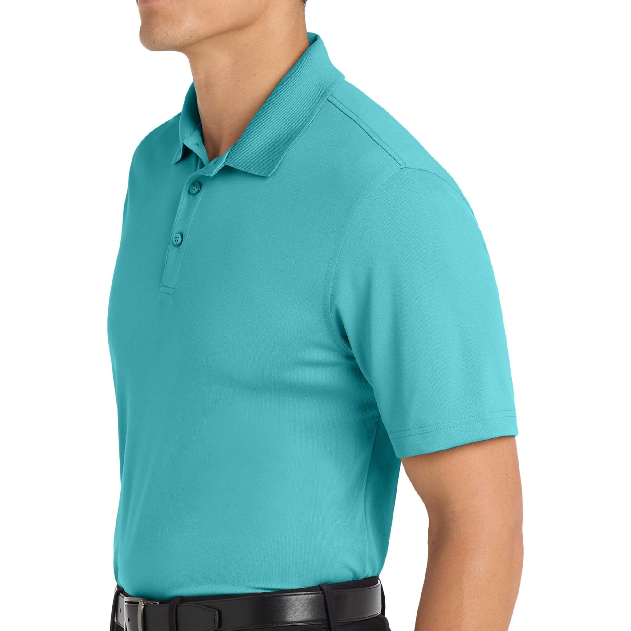 Port Authority K110 custom polo in aquamarine, left side view