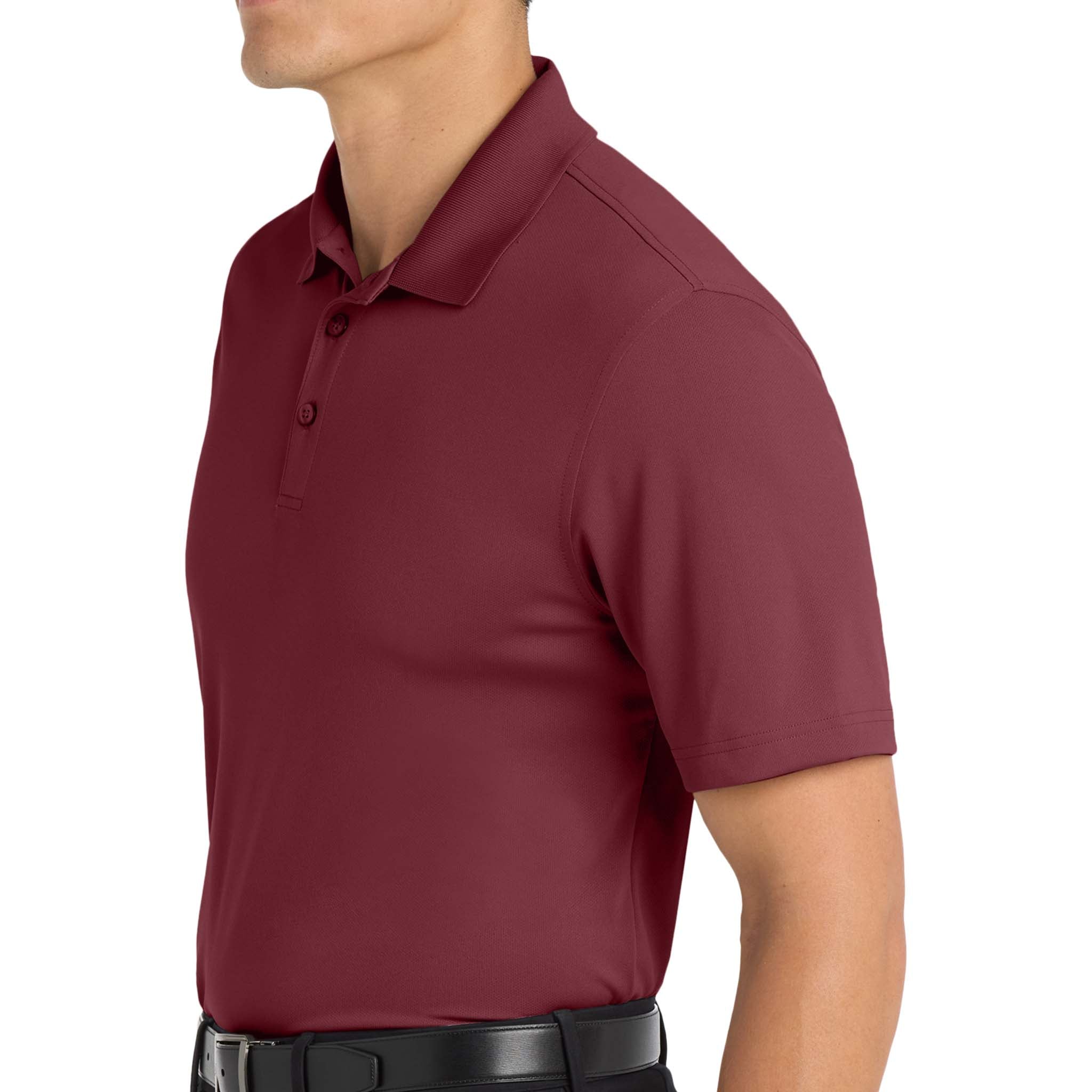 Port Authority K110 custom polo in burgundy, left side view