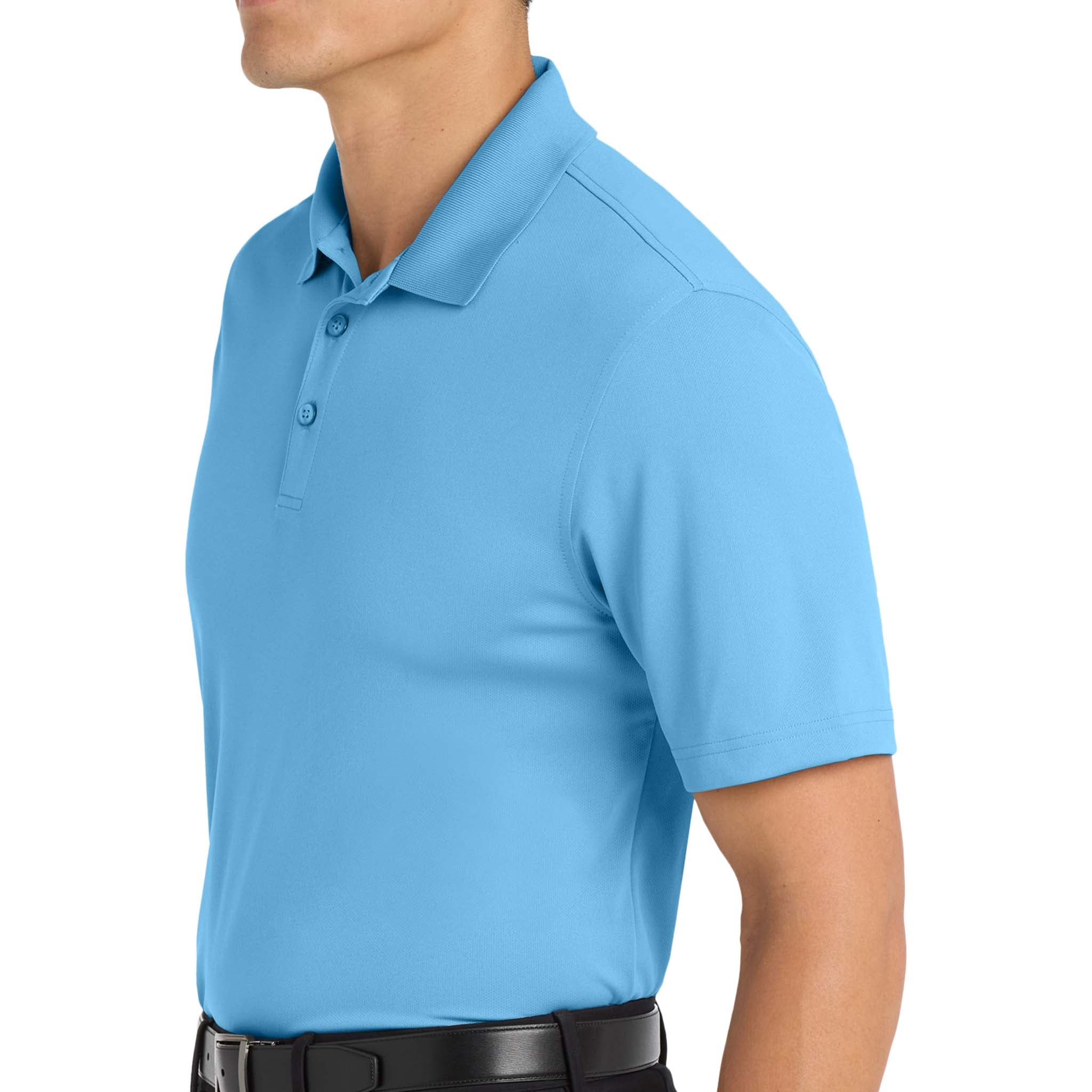 Port Authority K110 custom polo in carolina blue, left side view
