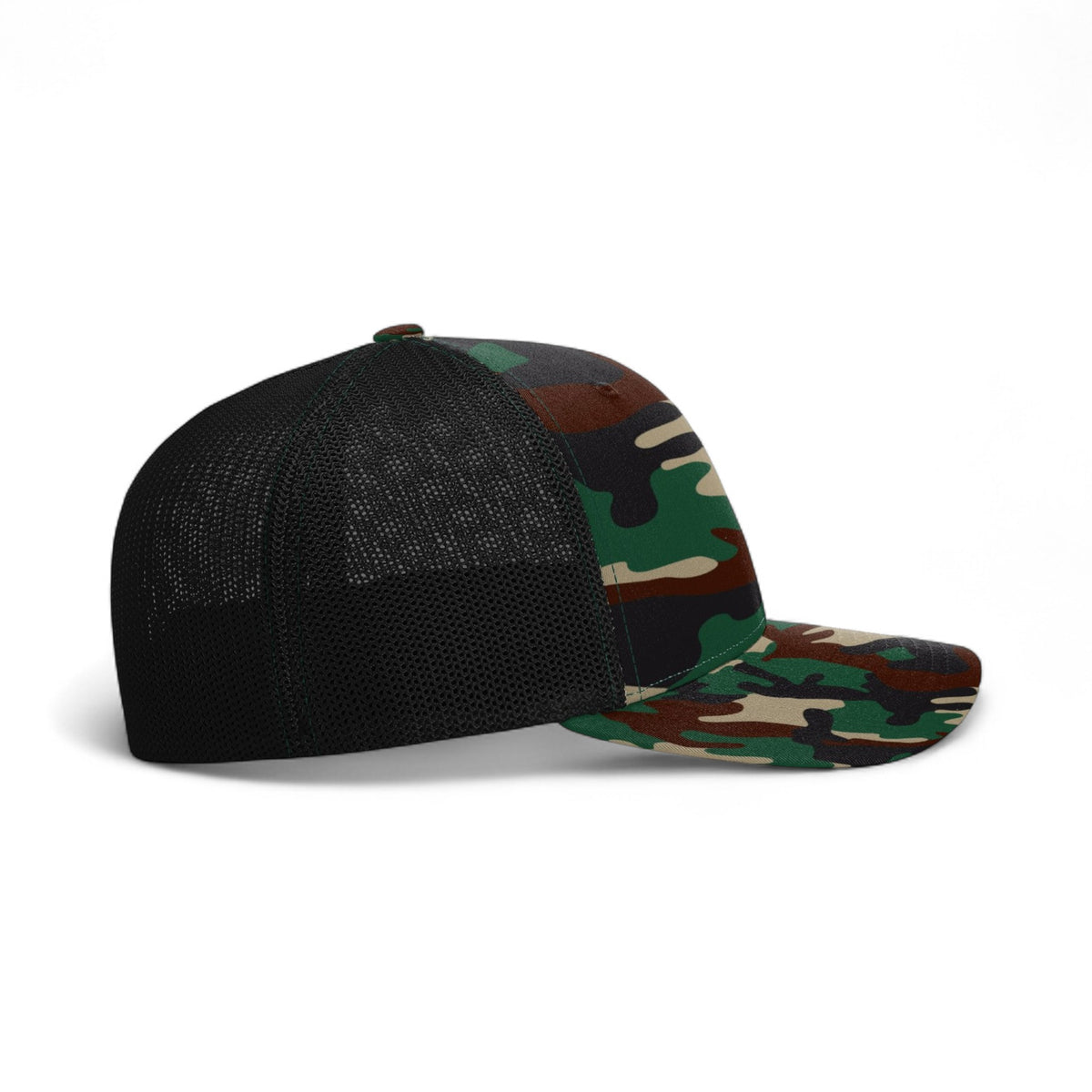 Right side view of Richardson 110 custom hat in army camo and black