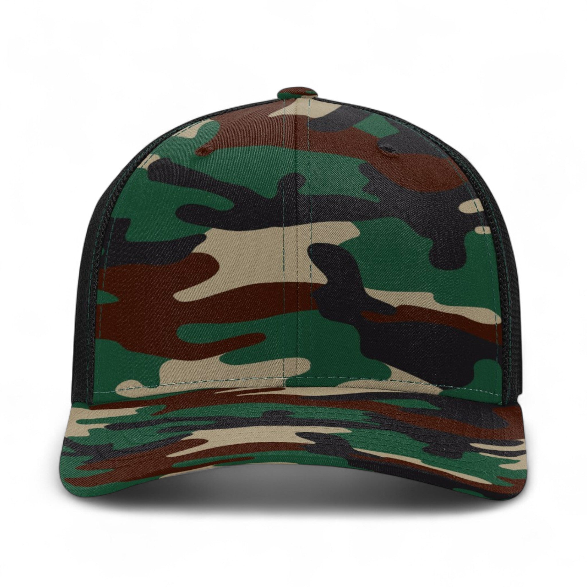 Front view of Richardson 110 custom hat in army camo and black