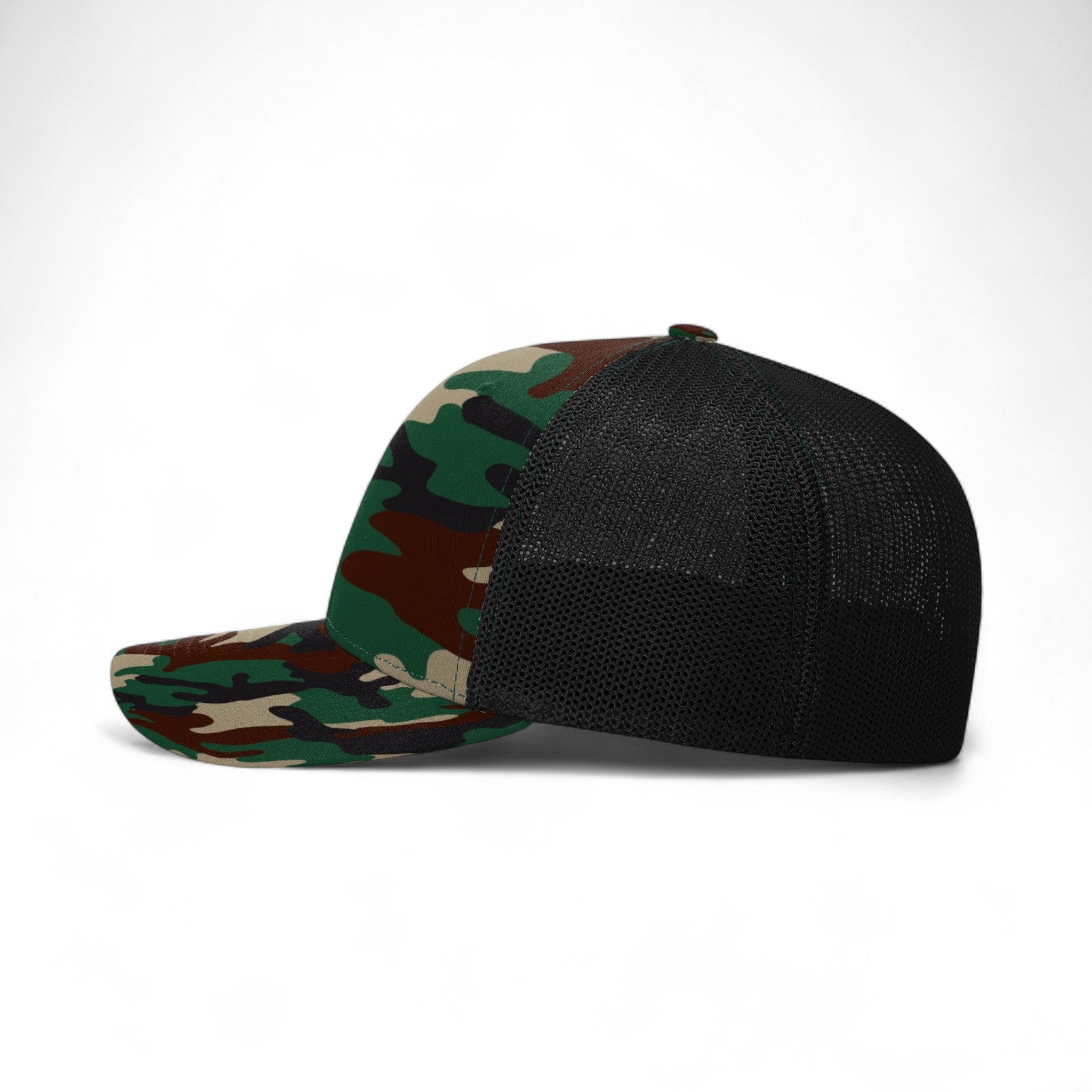 Left side view of Richardson 110 custom hat in army camo and black
