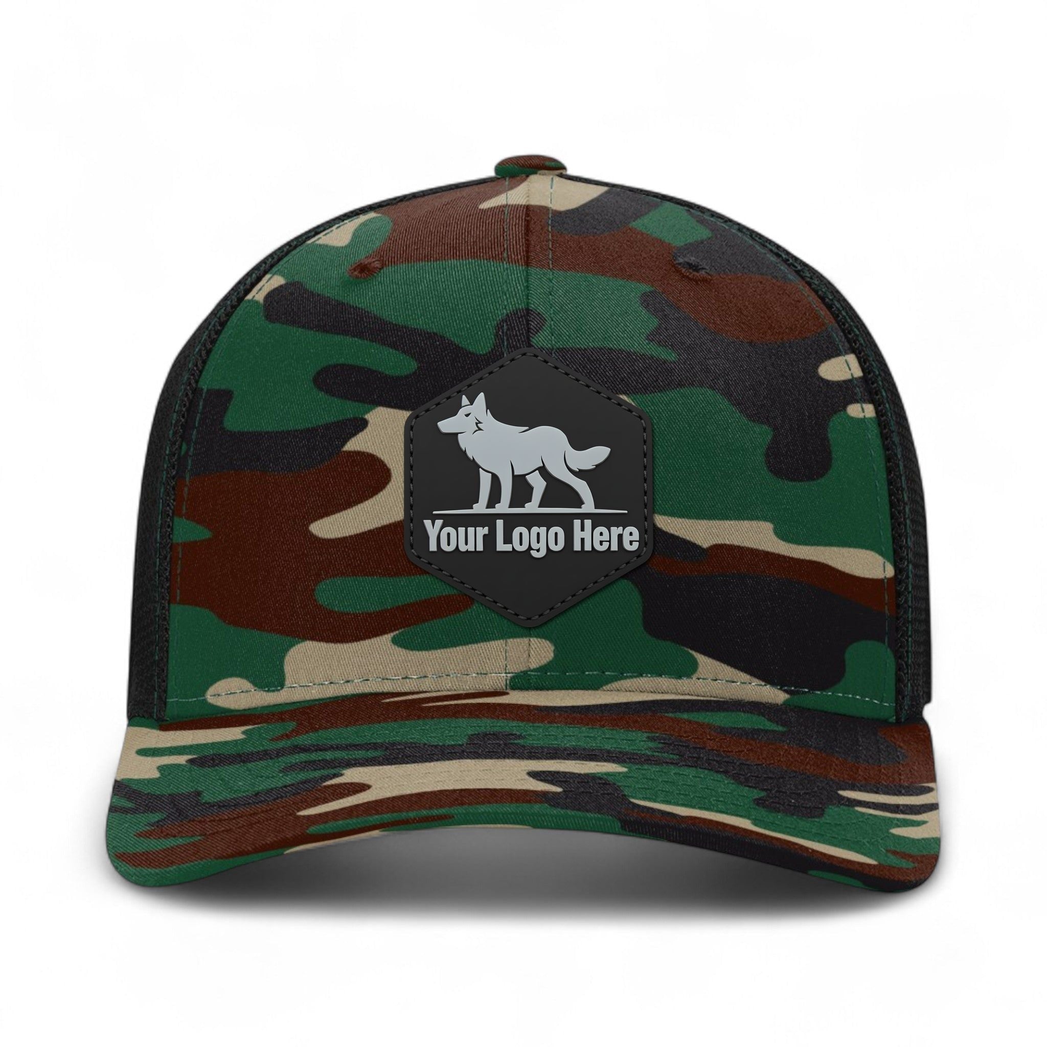 PVC patch preview of Richardson 110 custom hat in army camo and black