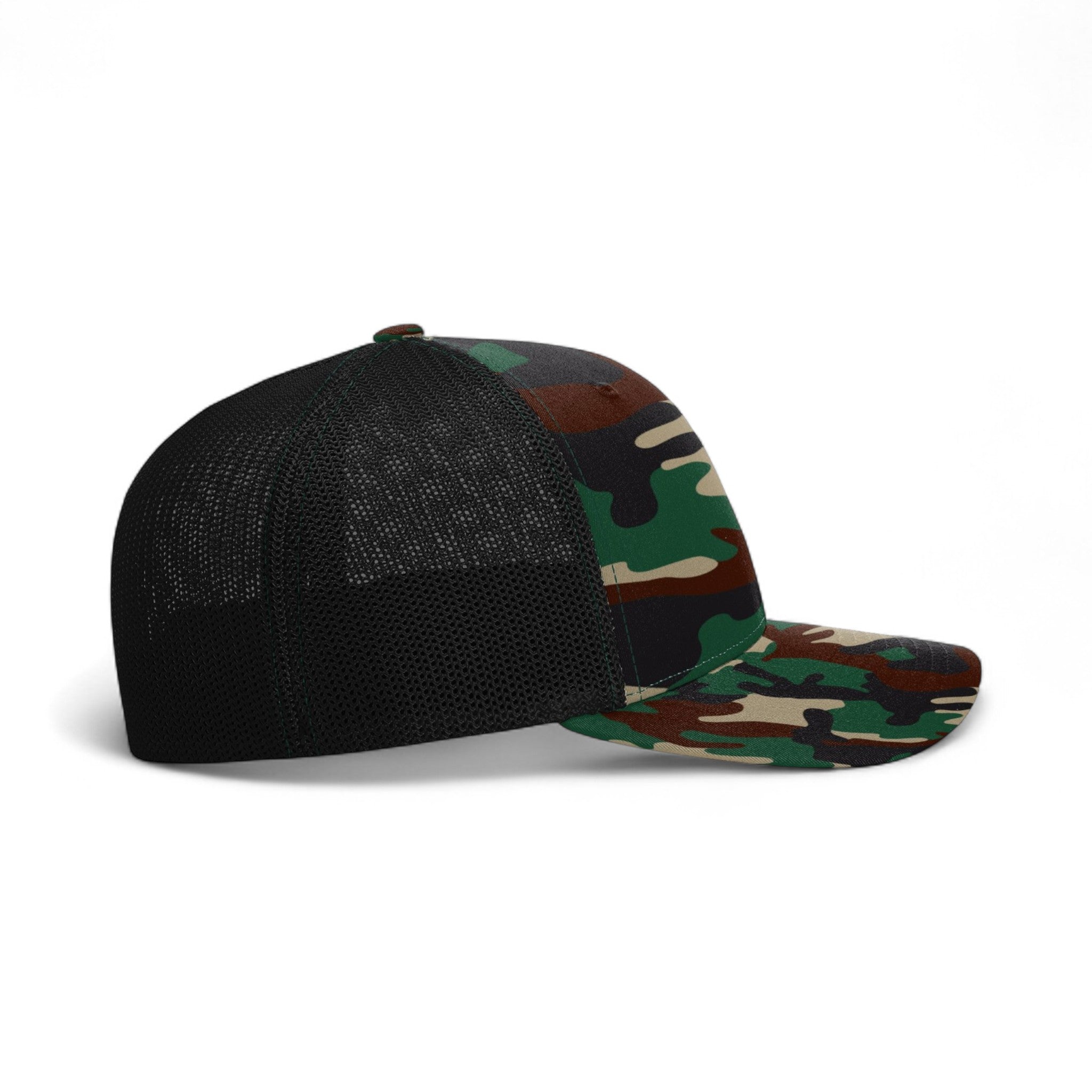 Right side view of Richardson 110 custom hat in army camo and black