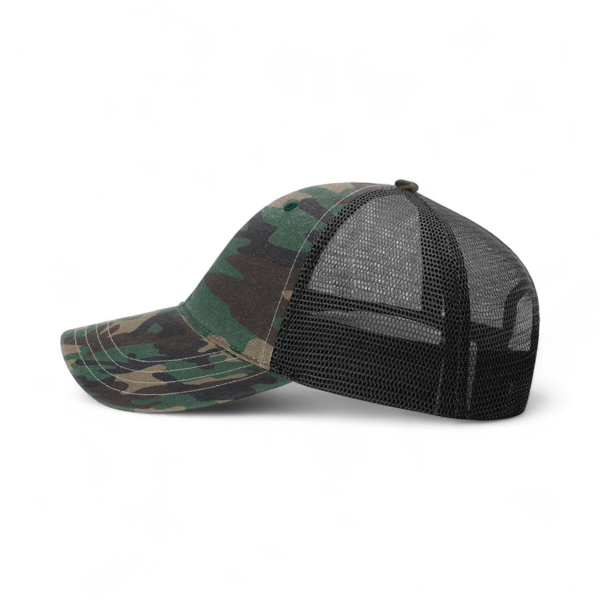 Left side view of Richardson 111P custom hat in green camo and black