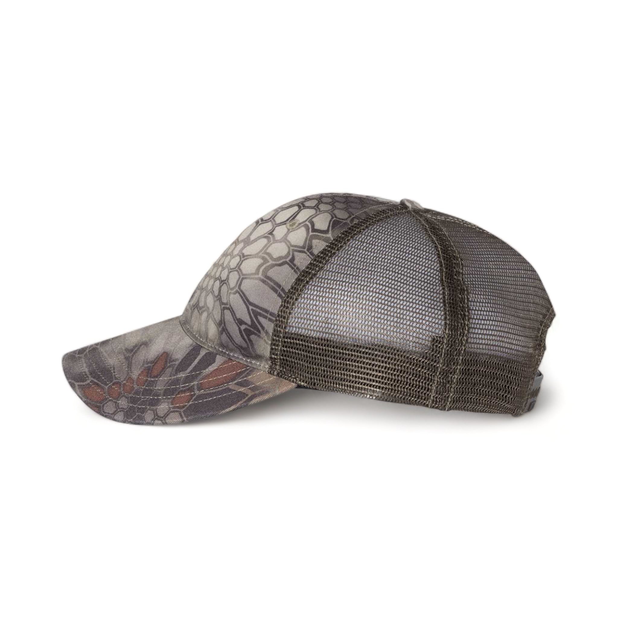 Side view of Richardson 111P custom hat in kryptek highlander and brown