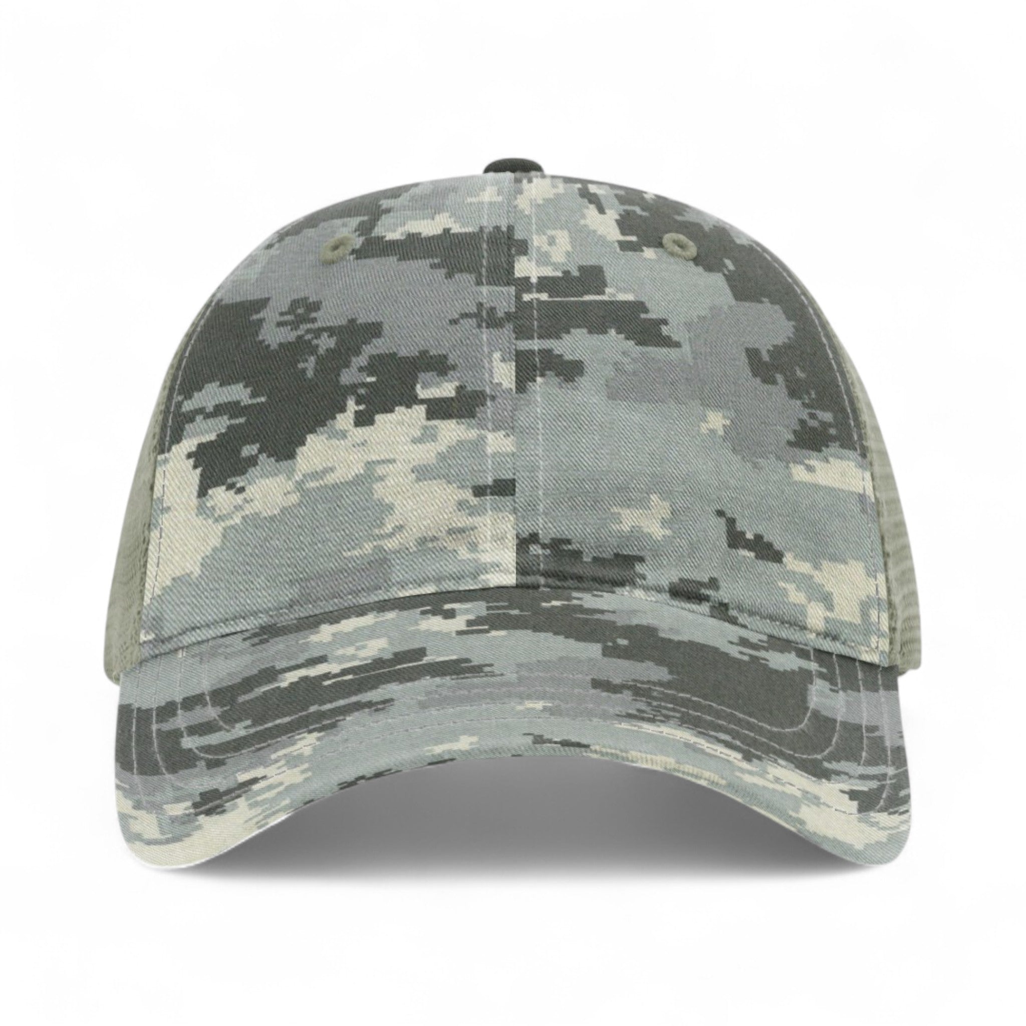 Front view of Richardson 111P custom hat in military digital camo and light green