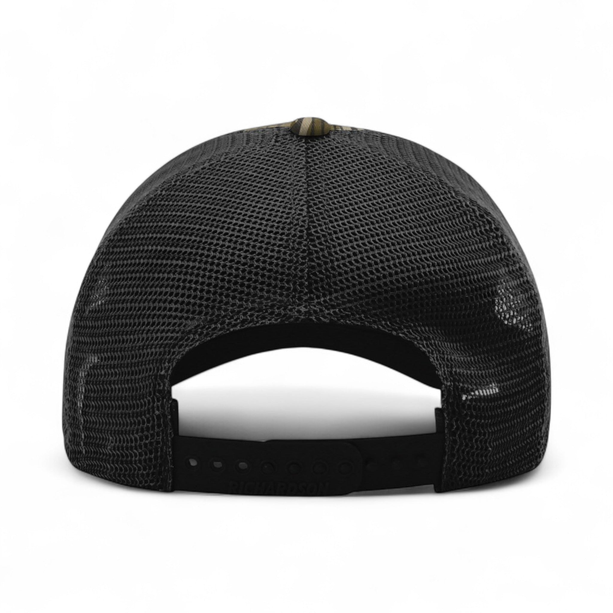 Back view of Richardson 111P custom hat in mossy oak bottomland and black