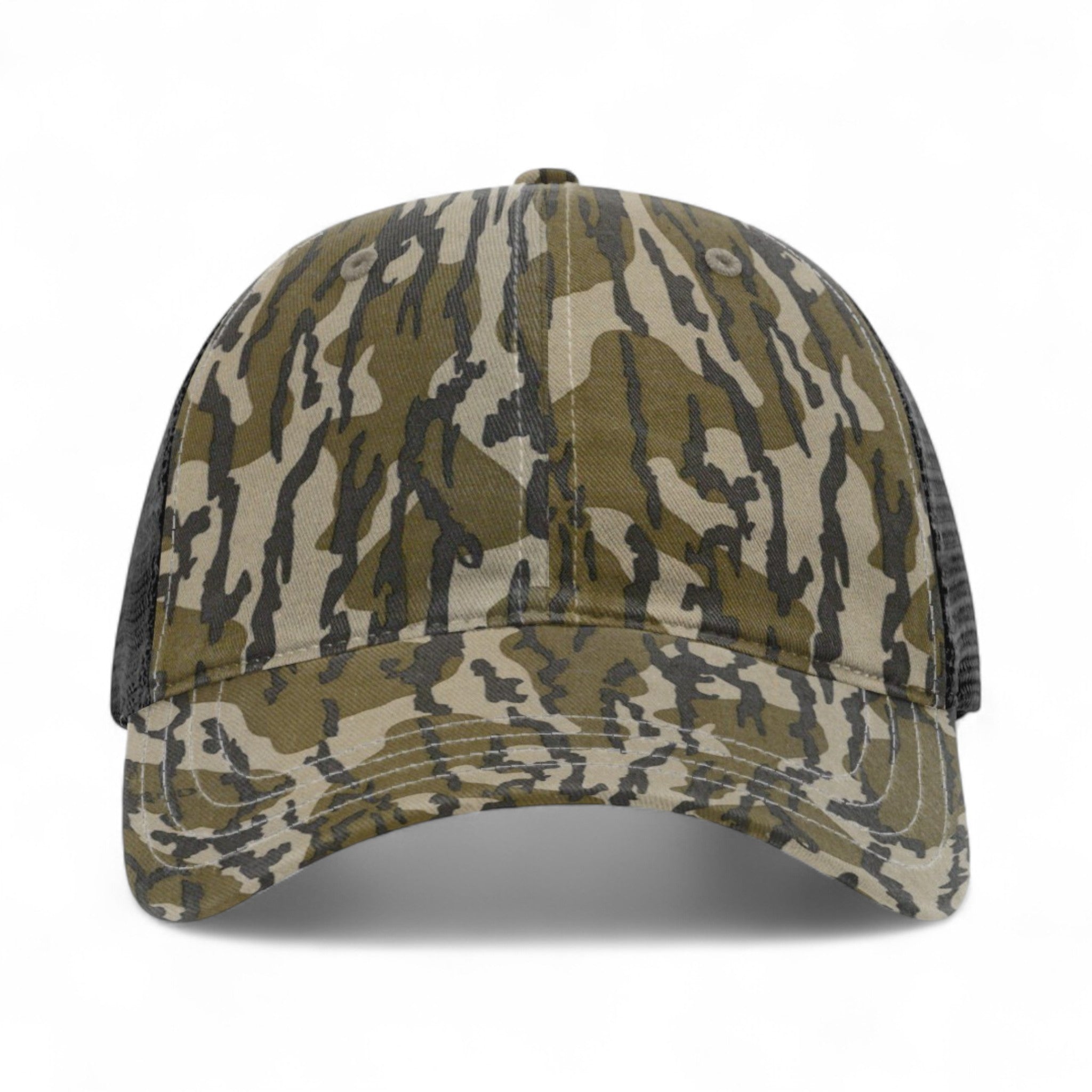 Front view of Richardson 111P custom hat in mossy oak bottomland and black