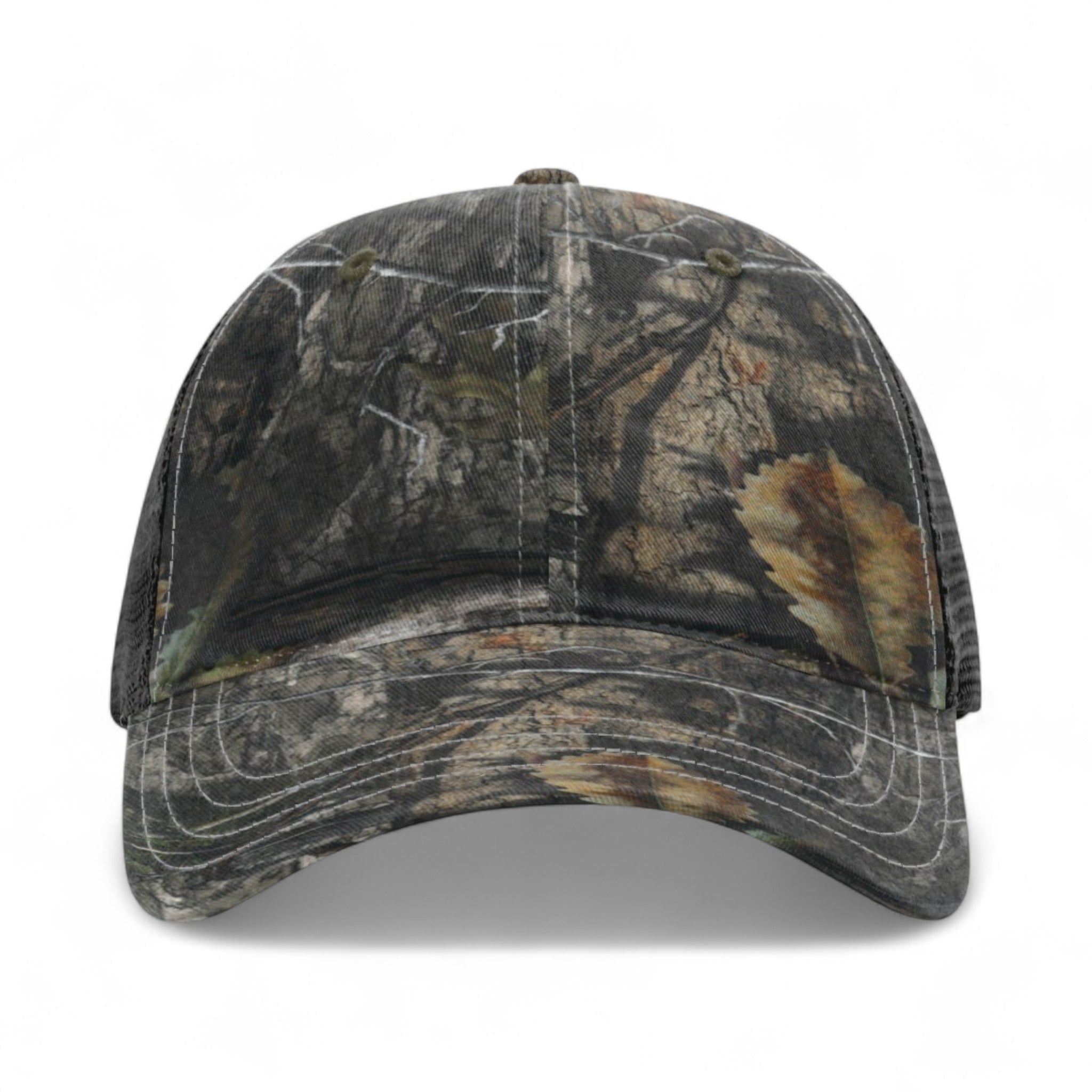 Front view of Richardson 111P custom hat in mossy oak country dna and black