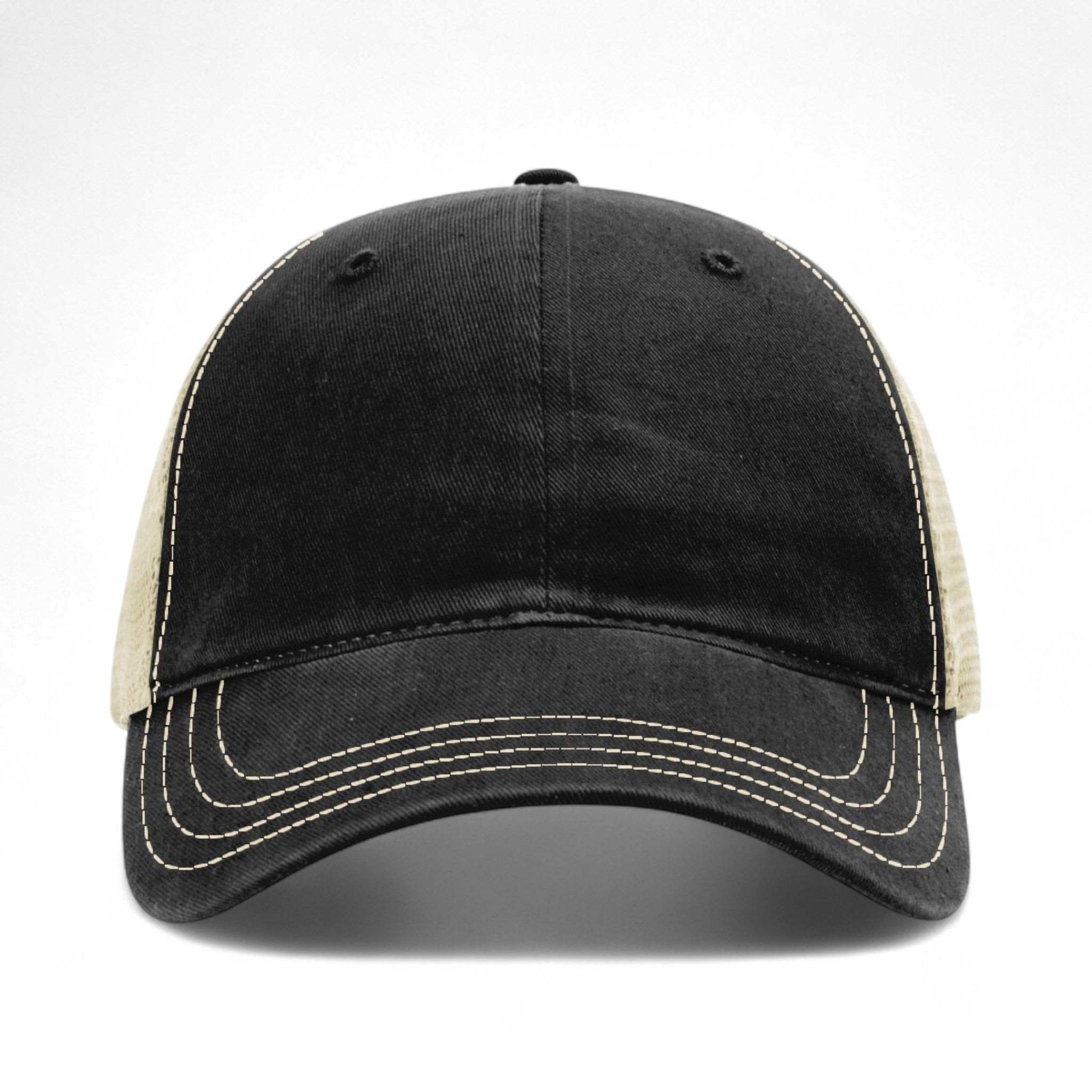 Front view of Richardson 111 custom hat in black and khaki