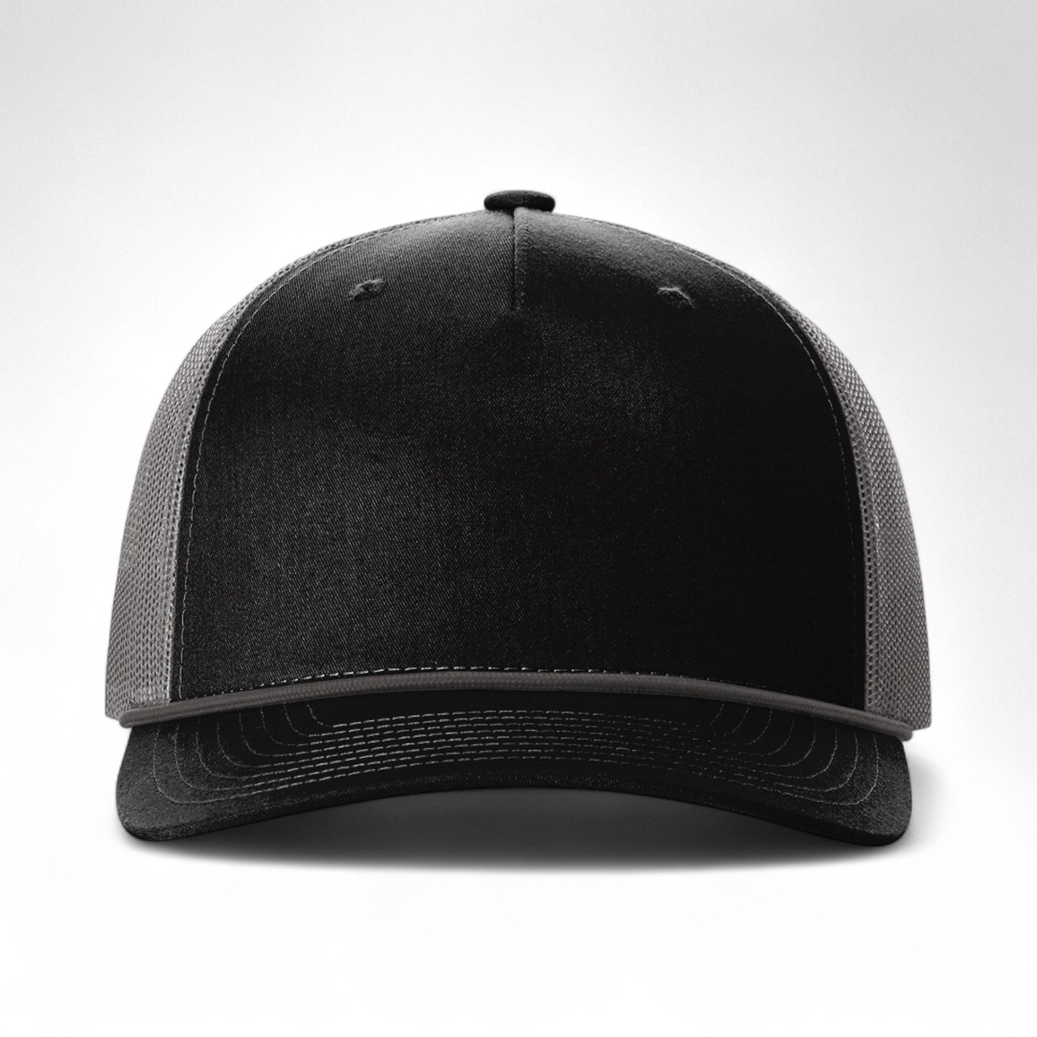 Front view of Richardson 112FPR custom hat in black and charcoal