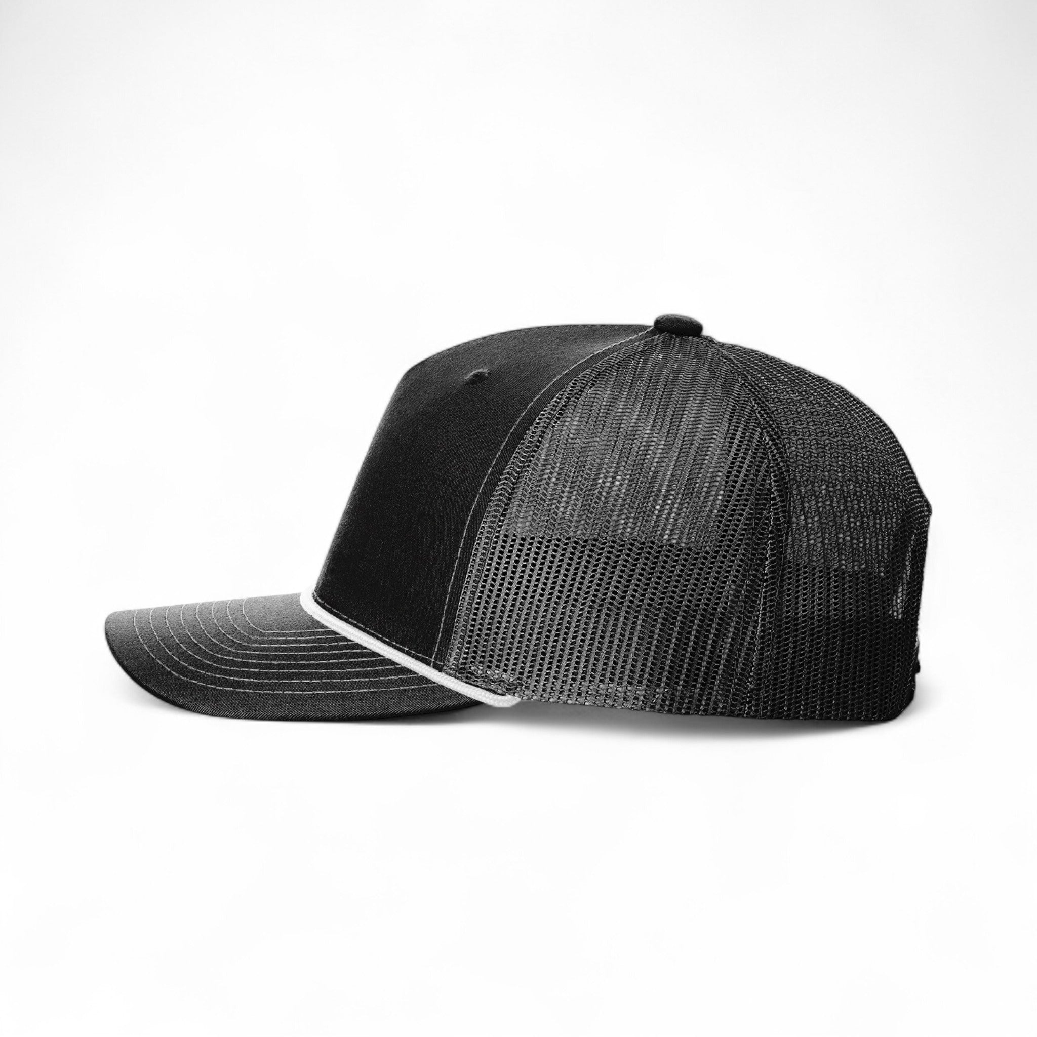 Left side view of Richardson 112FPR custom hat in black and white