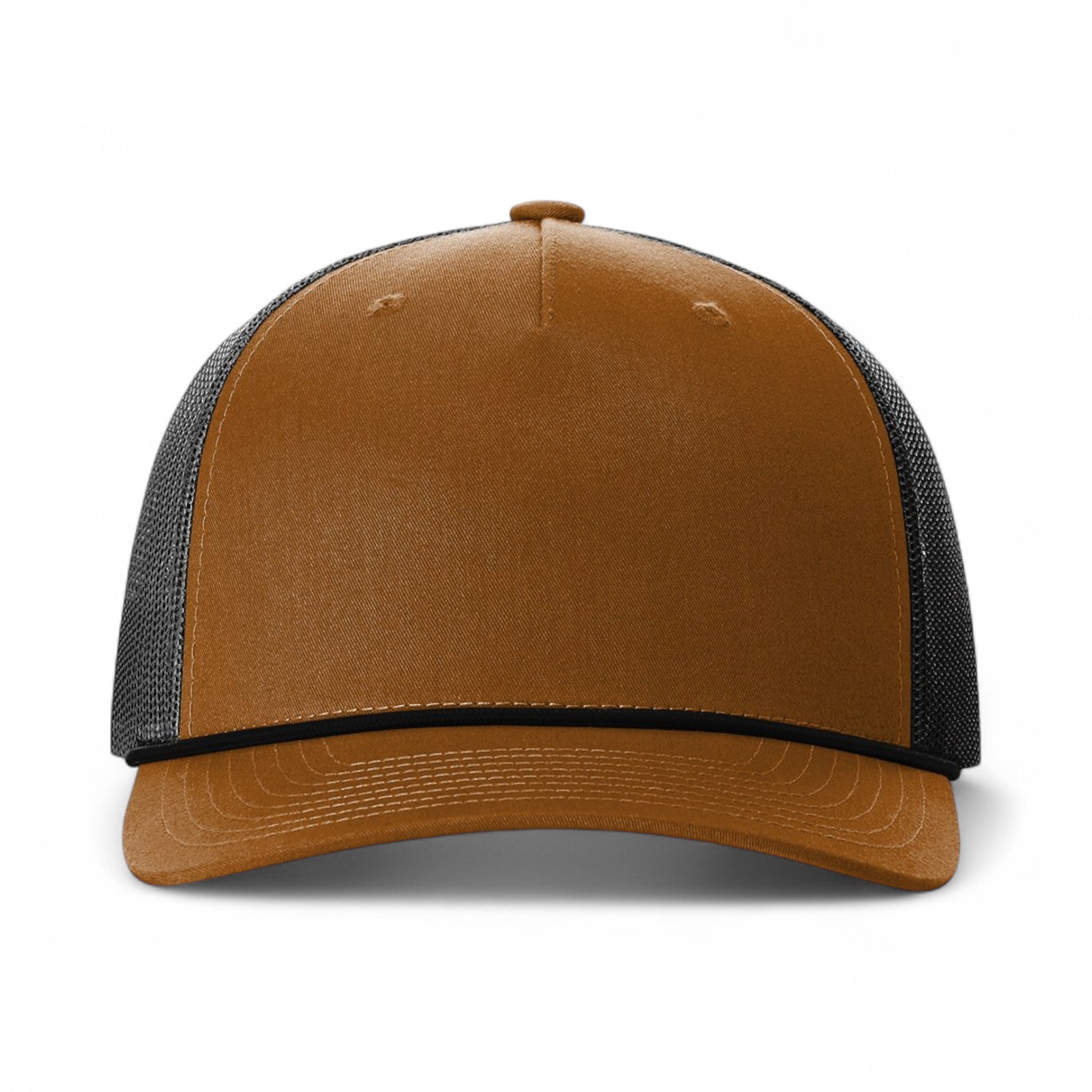 Front view of Richardson 112FPR custom hat in caramel and black