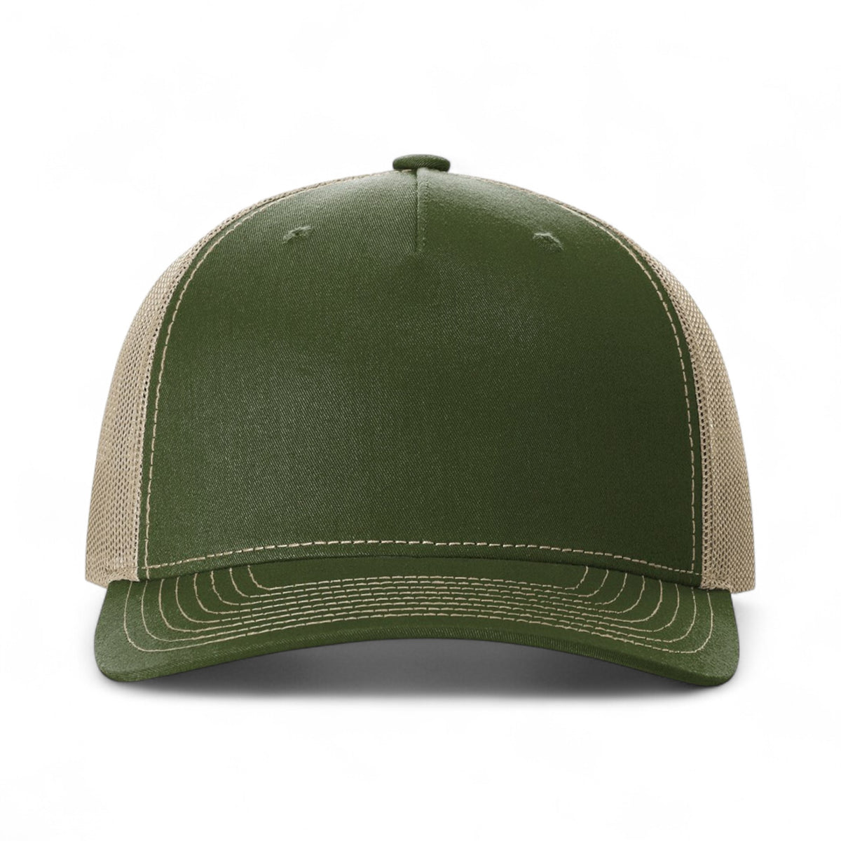 Front view of Richardson 112FP custom hat in army olive green and tan