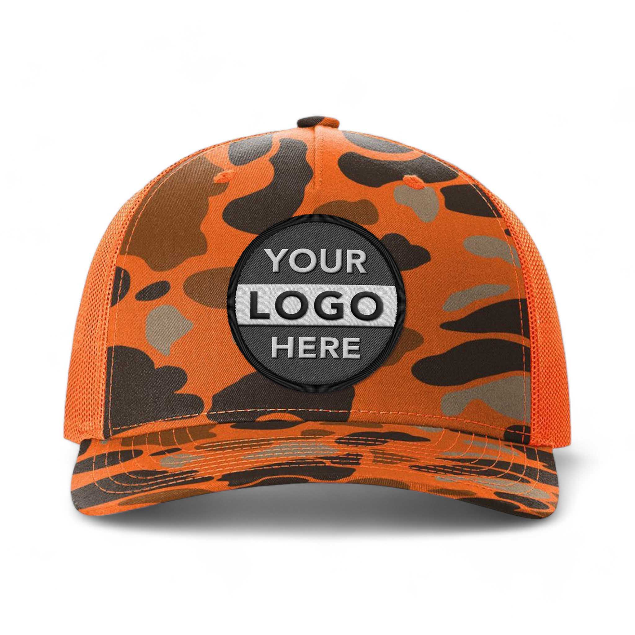 Richardson 112PFP custom embroidered patch hat in blaze duck camo and blaze