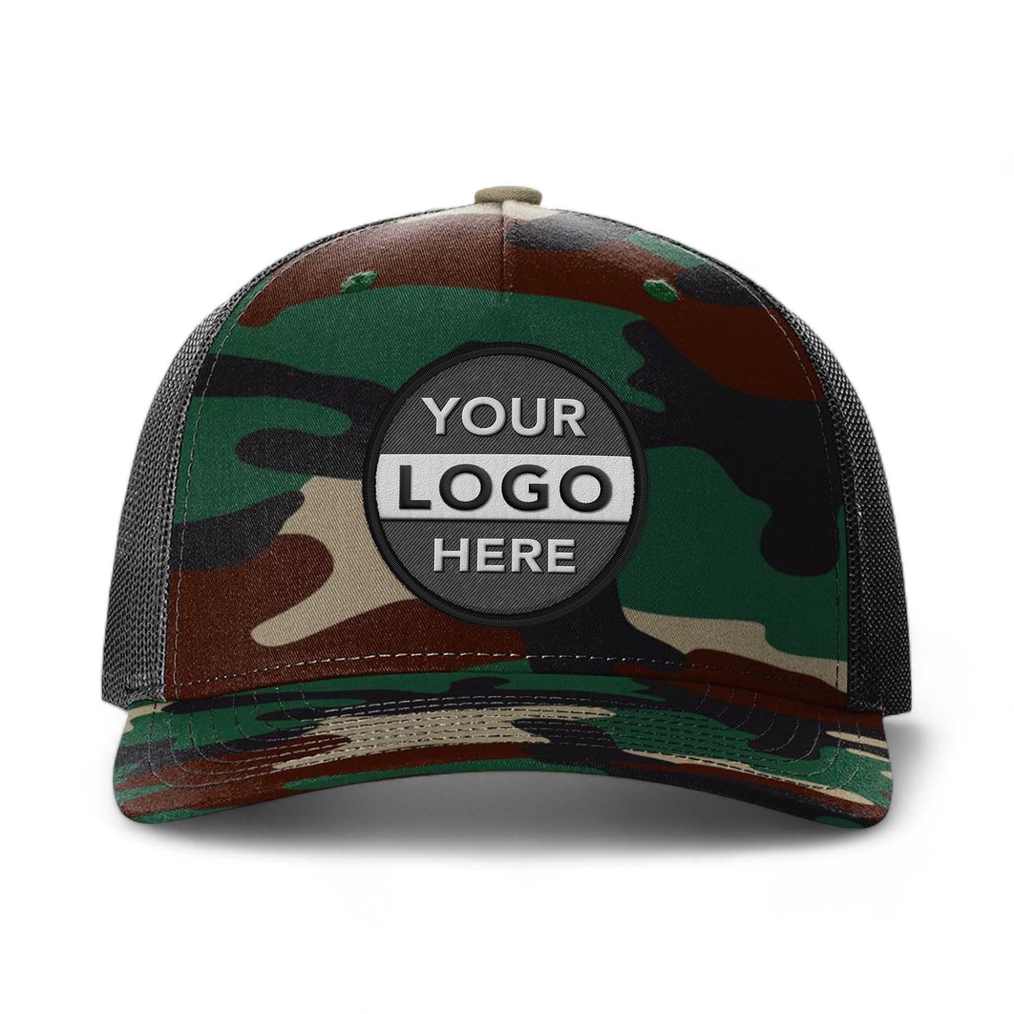 Richardson 112PFP custom embroidered patch hat in green camo and black
