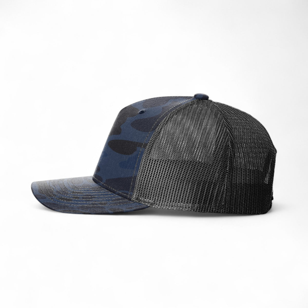 Left side view of Richardson 112PFP custom hat in admiral duck camo and black