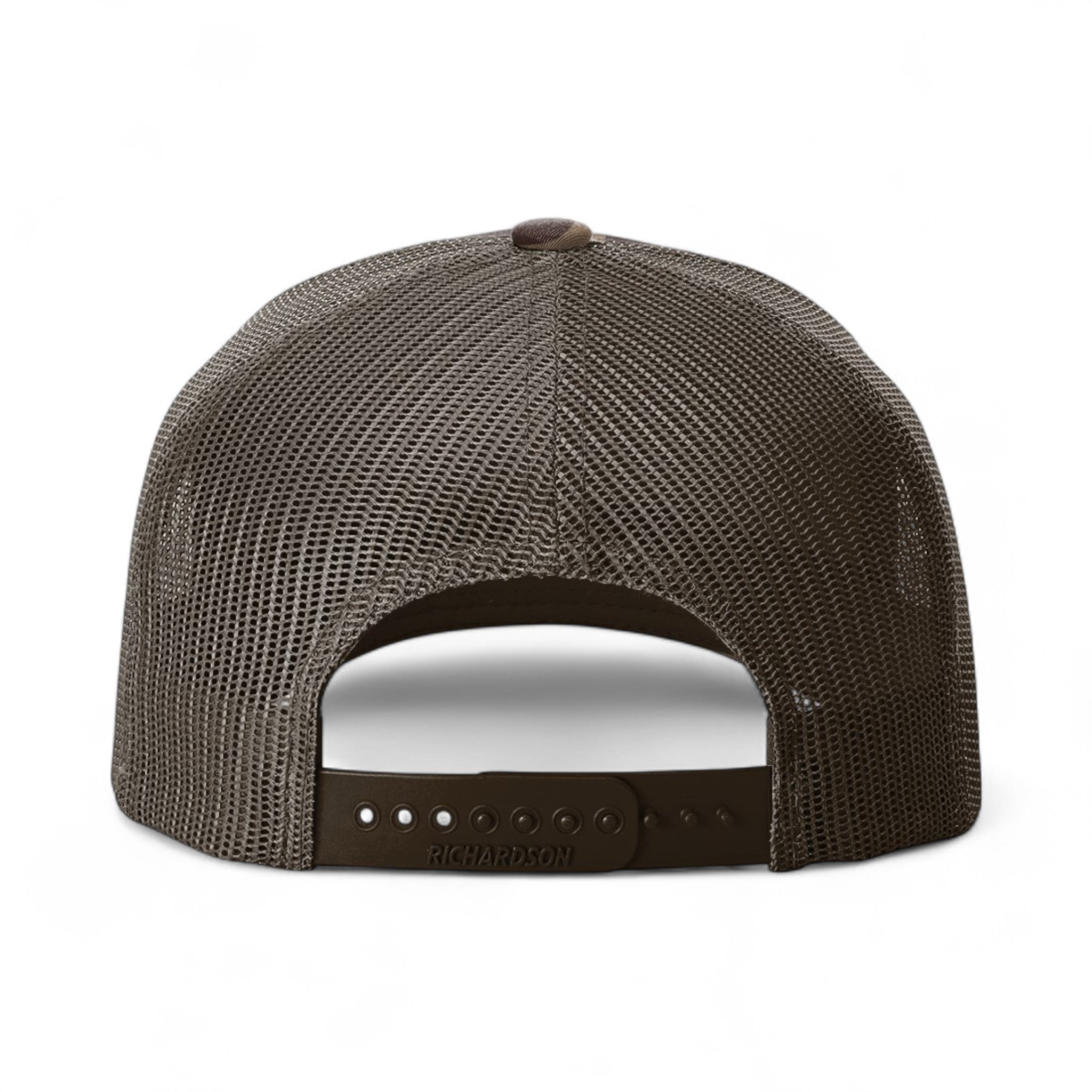 Back view of Richardson 112PFP custom hat in bark duck camo and brown