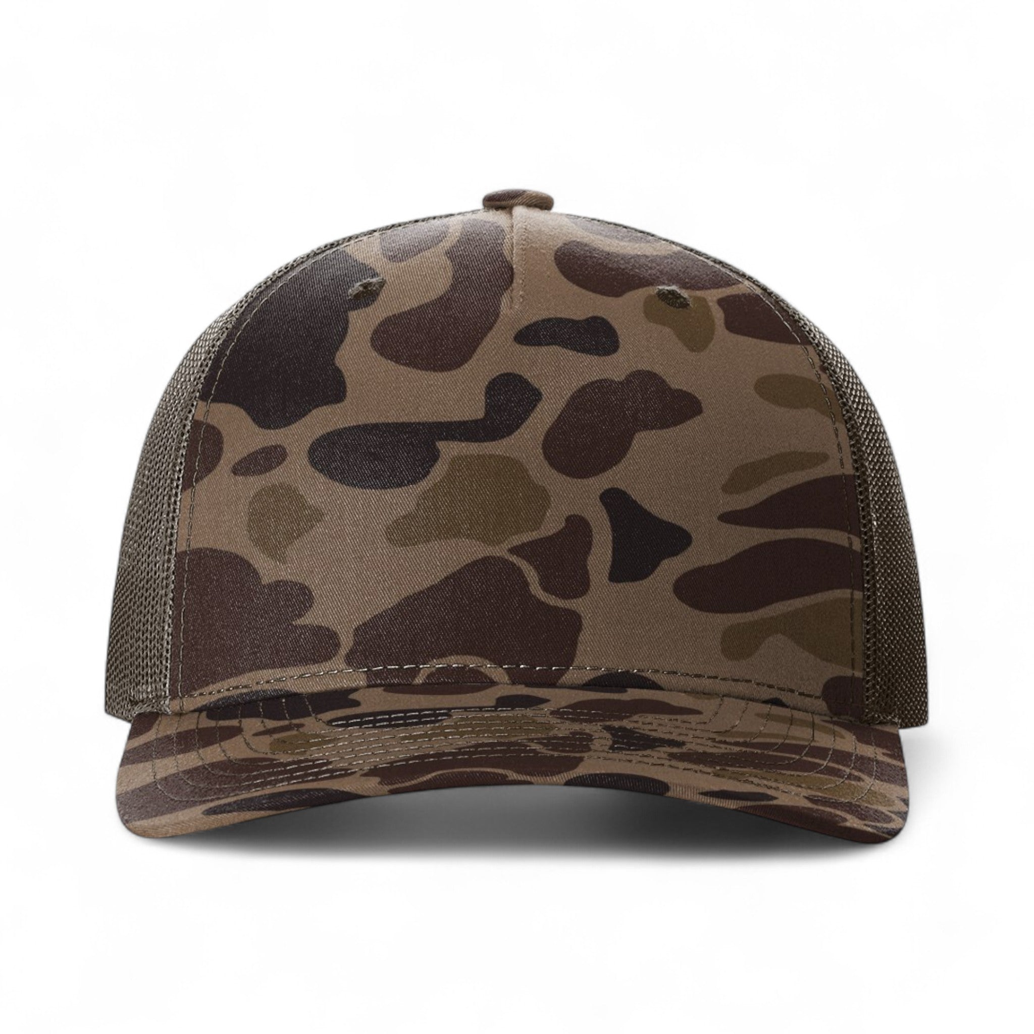 Front view of Richardson 112PFP custom hat in bark duck camo and brown