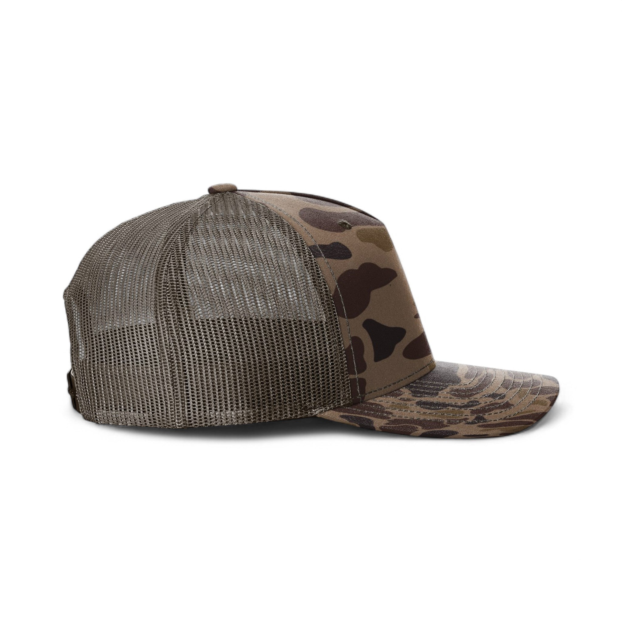 Right side view of Richardson 112PFP custom hat in bark duck camo and brown