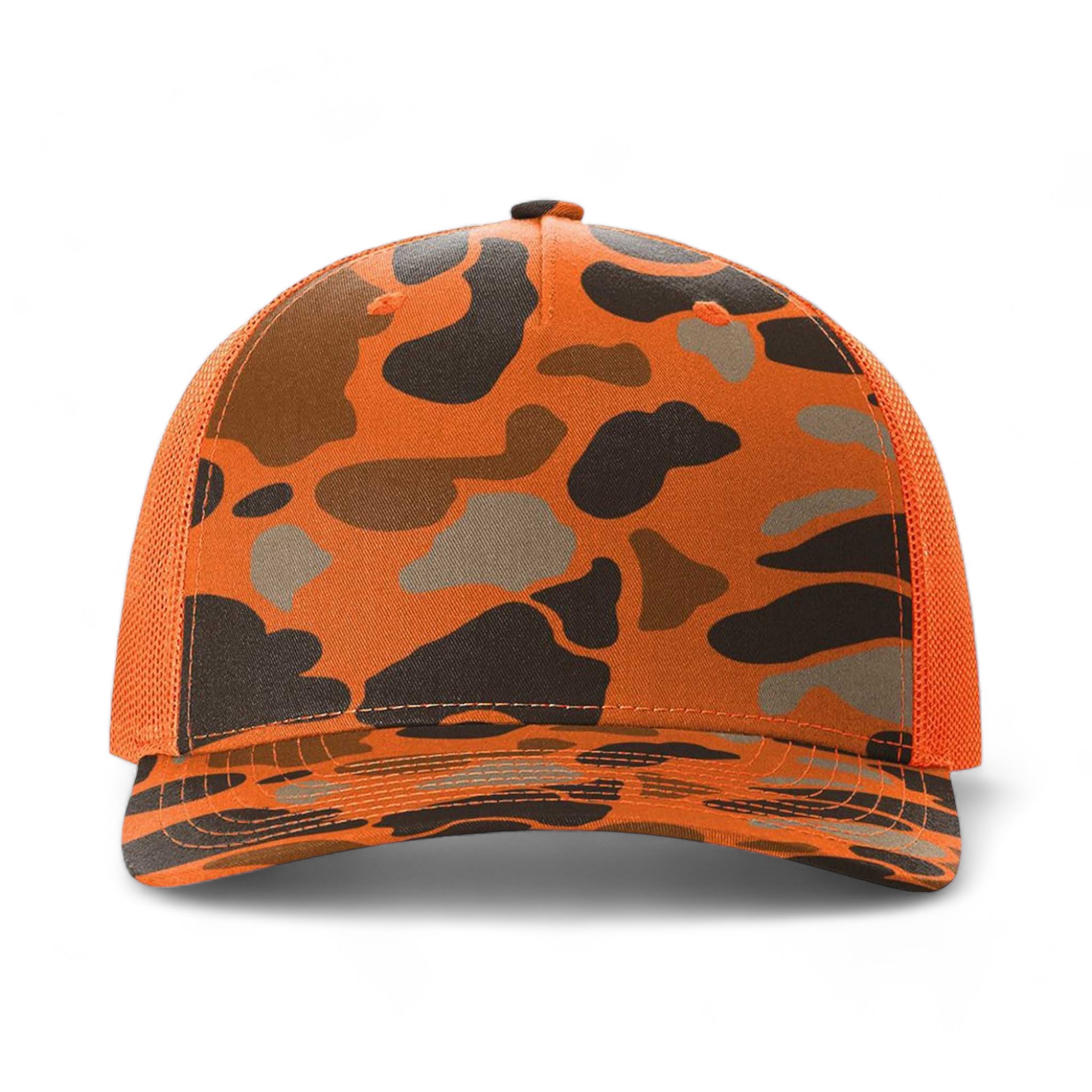 Front view of Richardson 112PFP custom hat in blaze duck camo and blaze