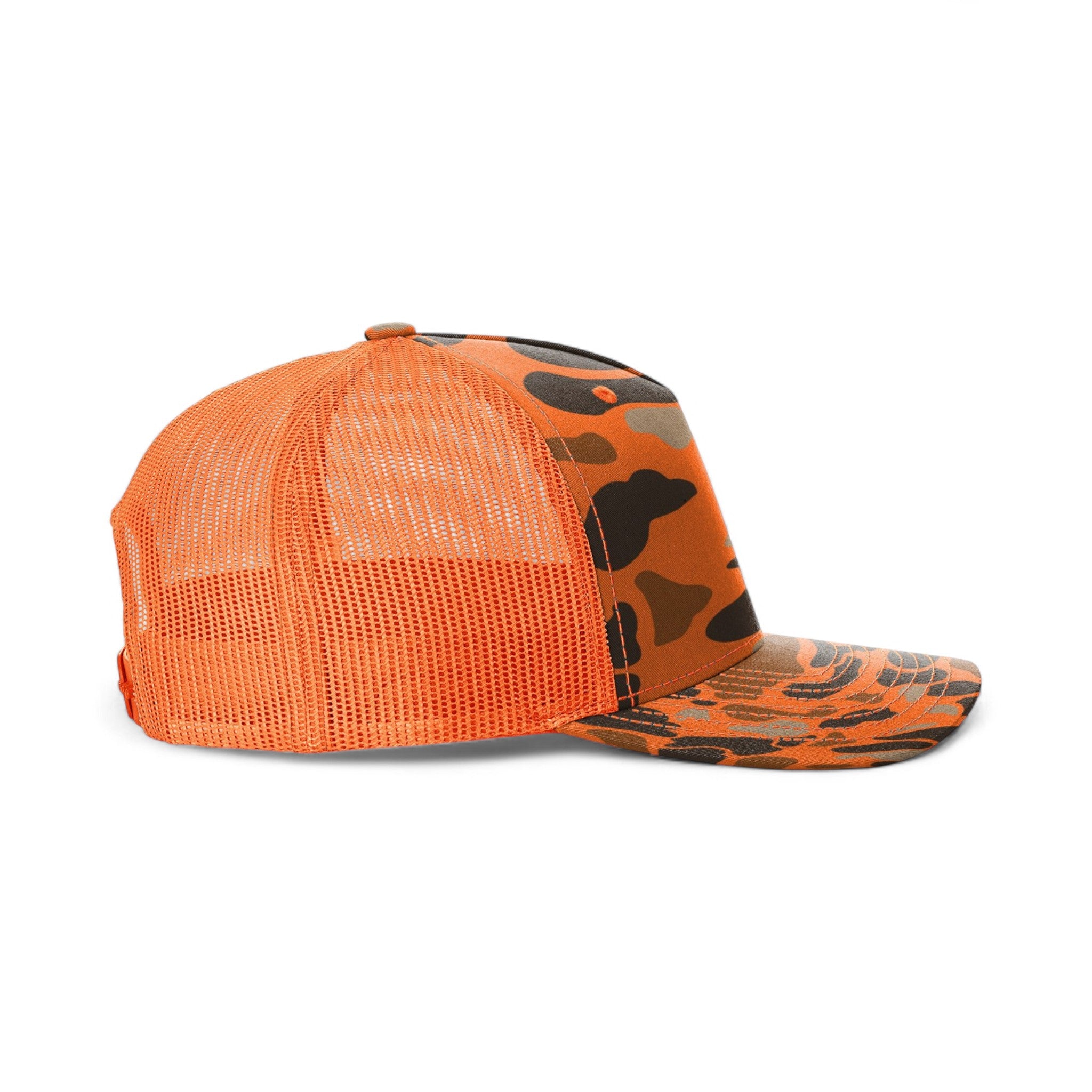 Right side view of Richardson 112PFP custom hat in blaze duck camo and blaze