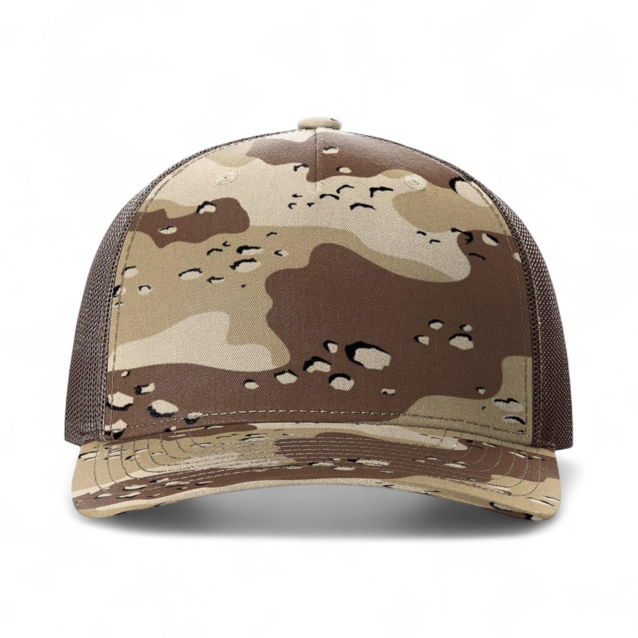Front view of Richardson 112PFP custom hat in desert camo and brown