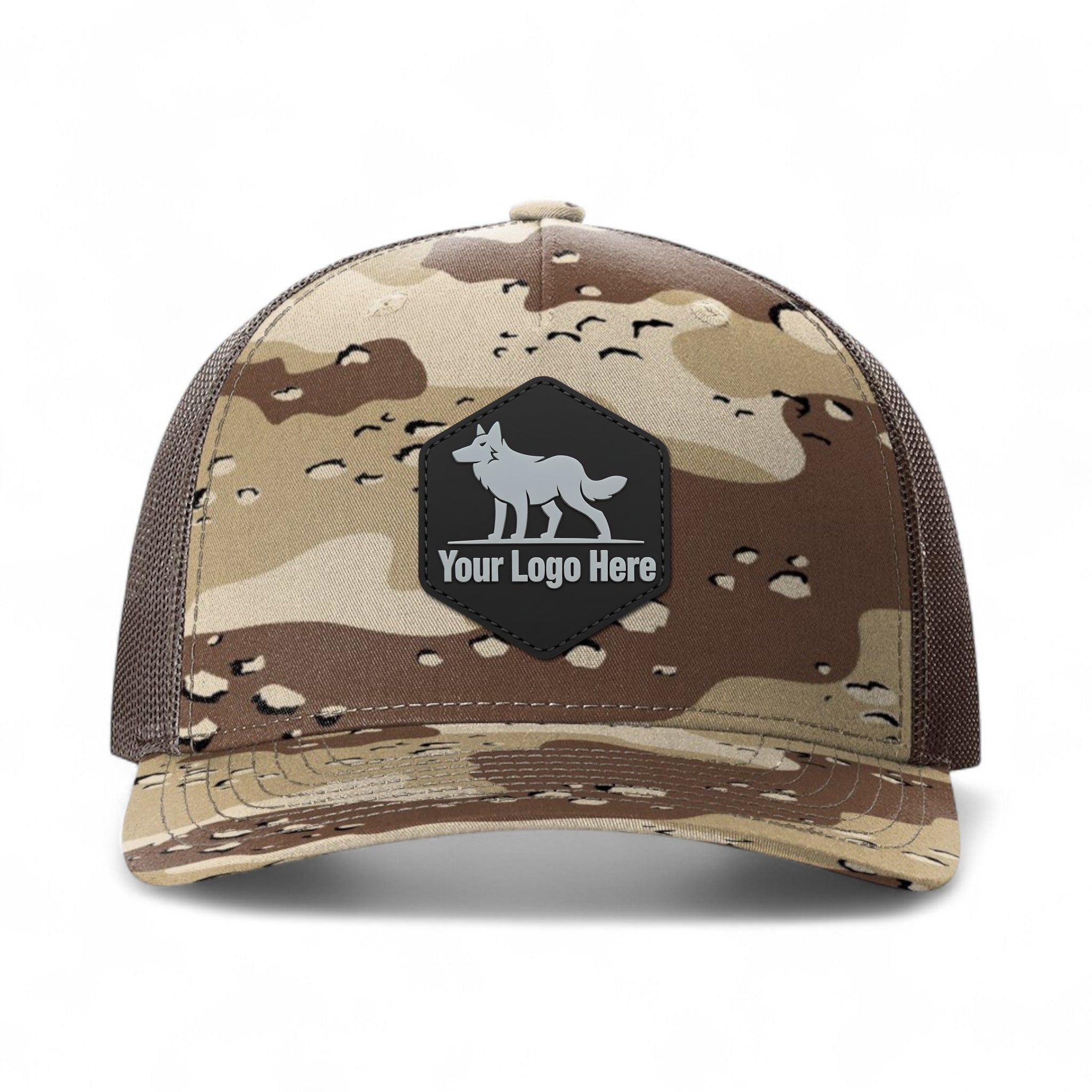 PVC patch preview of Richardson 112PFP custom hat in desert camo and brown