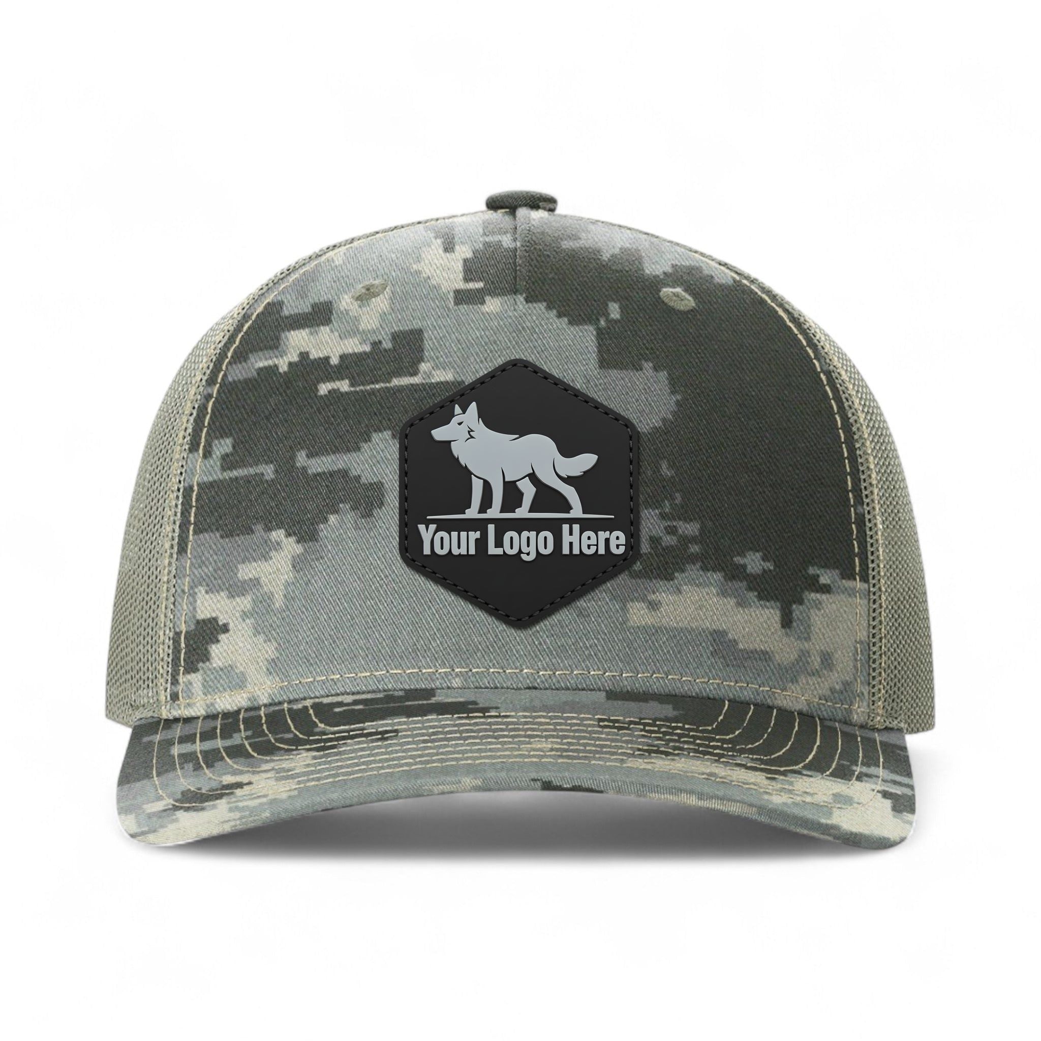 PVC patch preview of Richardson 112PFP custom hat in digital camo and light green