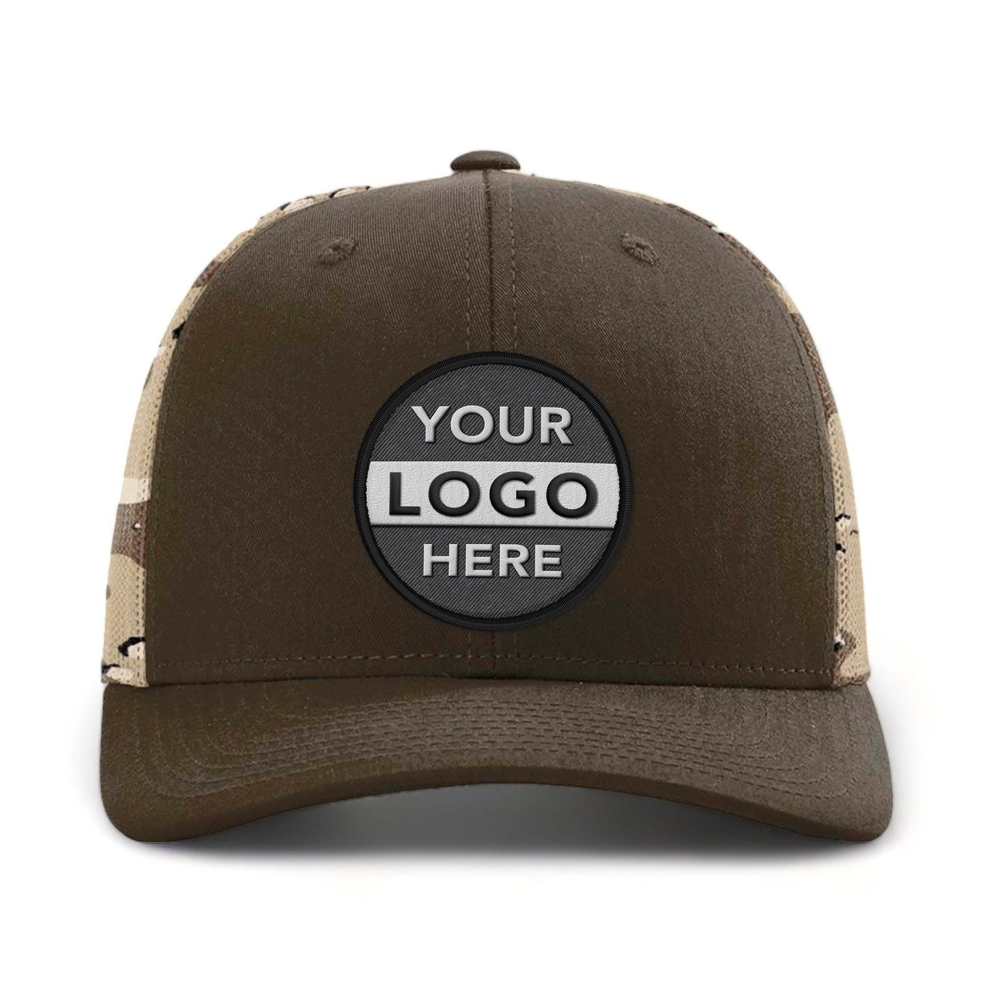 Richardson 112PM custom embroidered patch hat in brown and desert camo