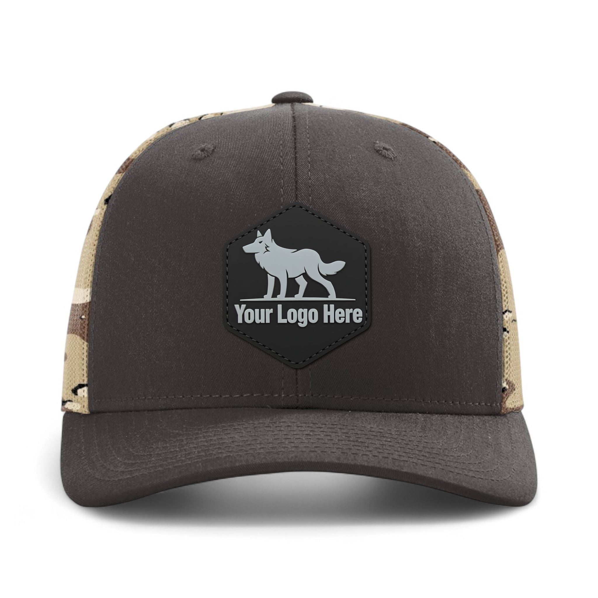 PVC patch preview of Richardson 112PM custom hat in brown and desert camo