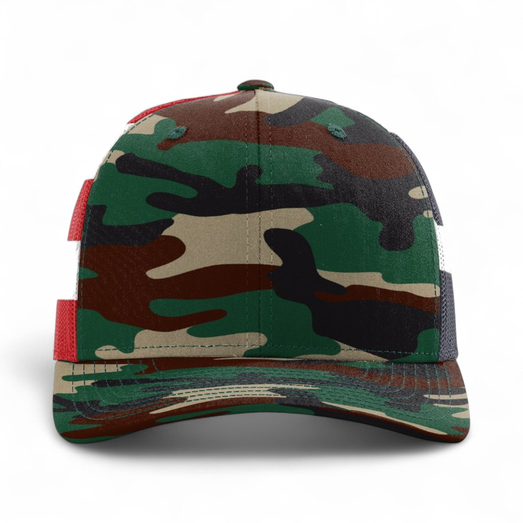 Front view of Richardson 112PM custom hat in green camo and stars & stripes