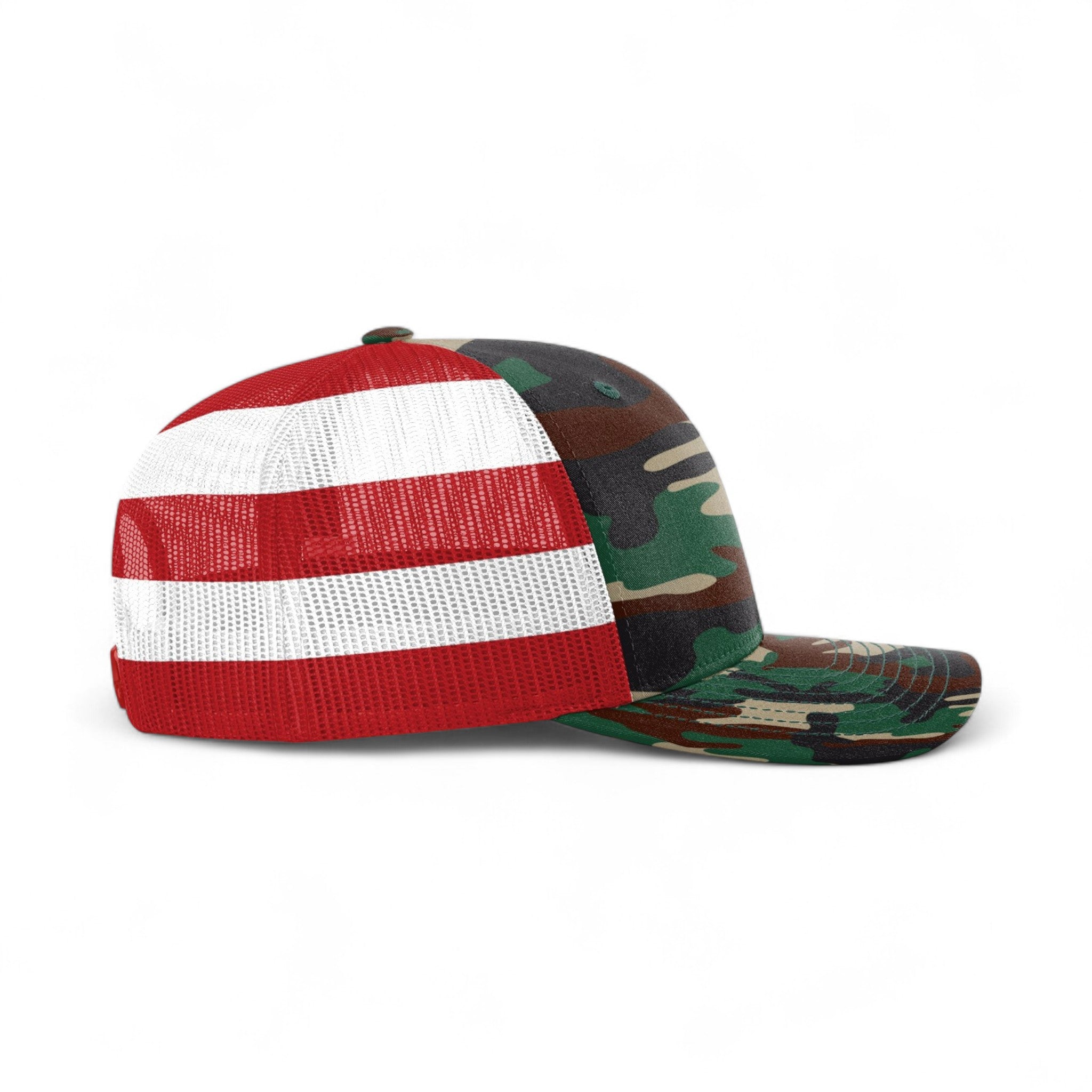 Right side view of Richardson 112PM custom hat in green camo and stars & stripes